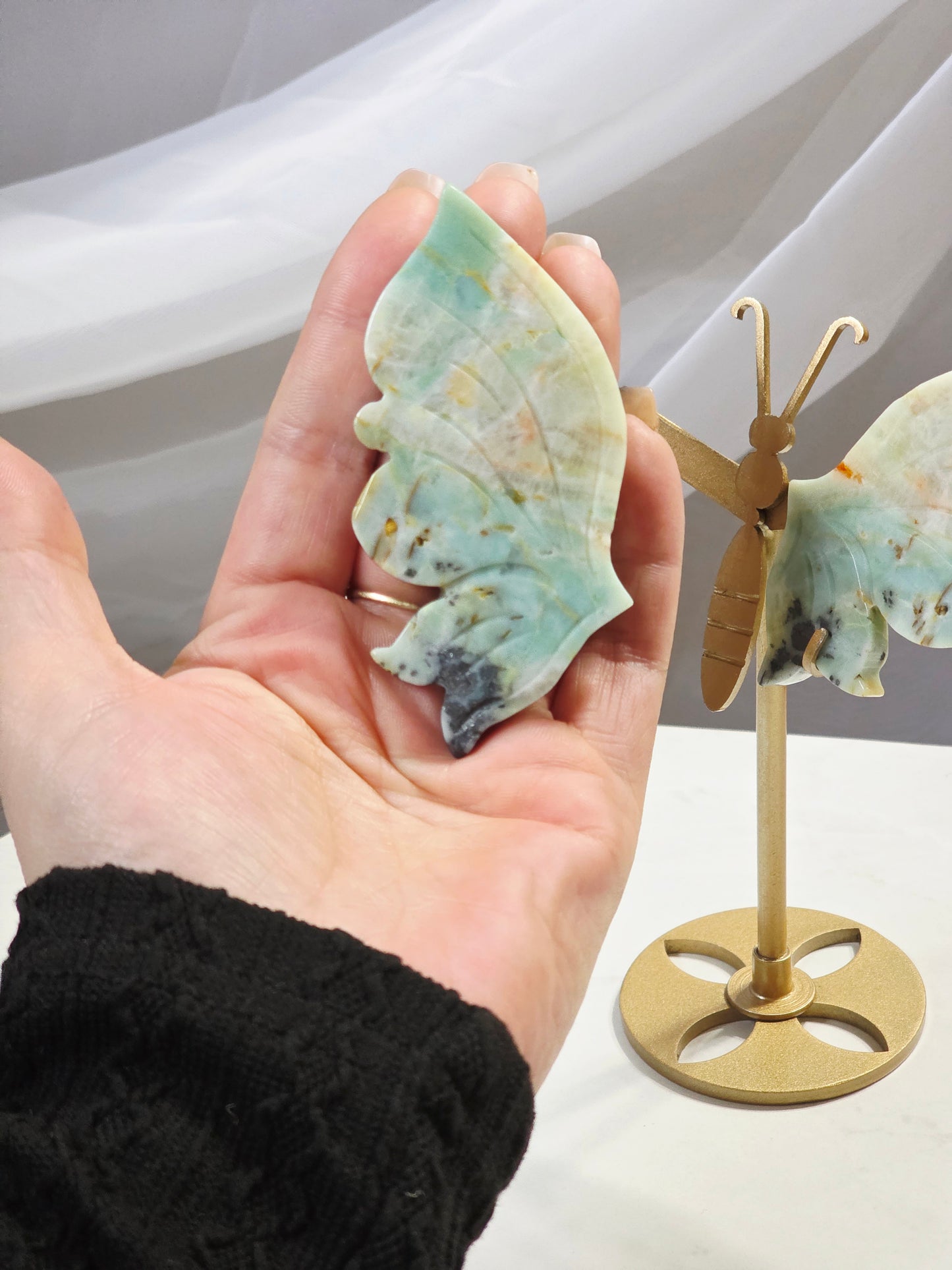 Amazonite Butterfly Crystal Wings set on Gold Stand