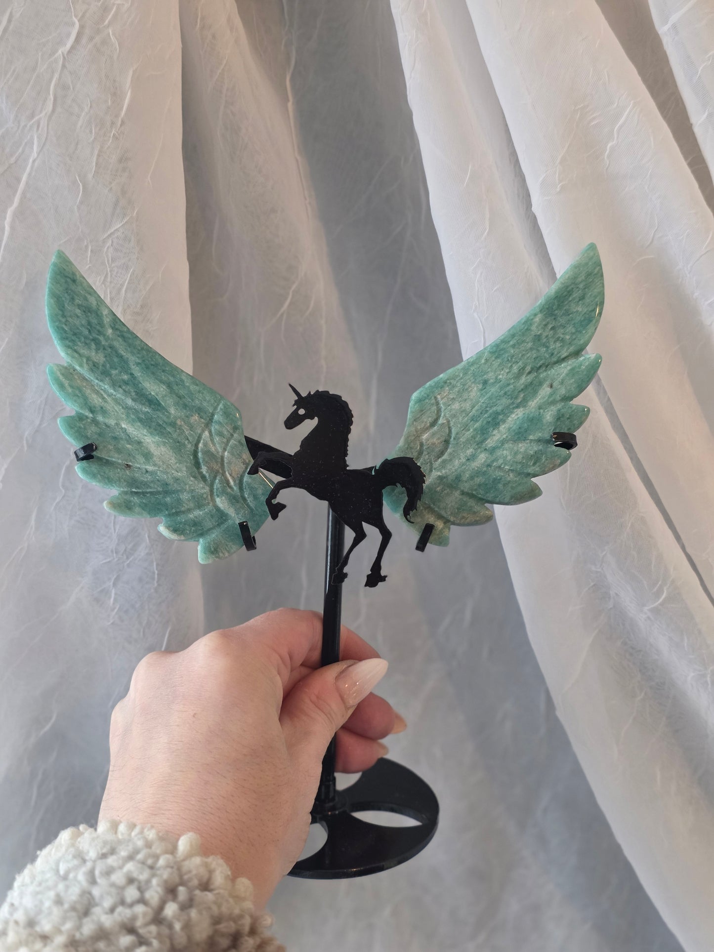 Amazonite Crystal Wing Carving Unicorn Pegasus on Stand