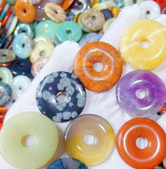 100-Piece Bulk Mixed Natural Gemstone Donut Beads (Ping An Kou) 3cm - Crystal Healing Wholesale Lot