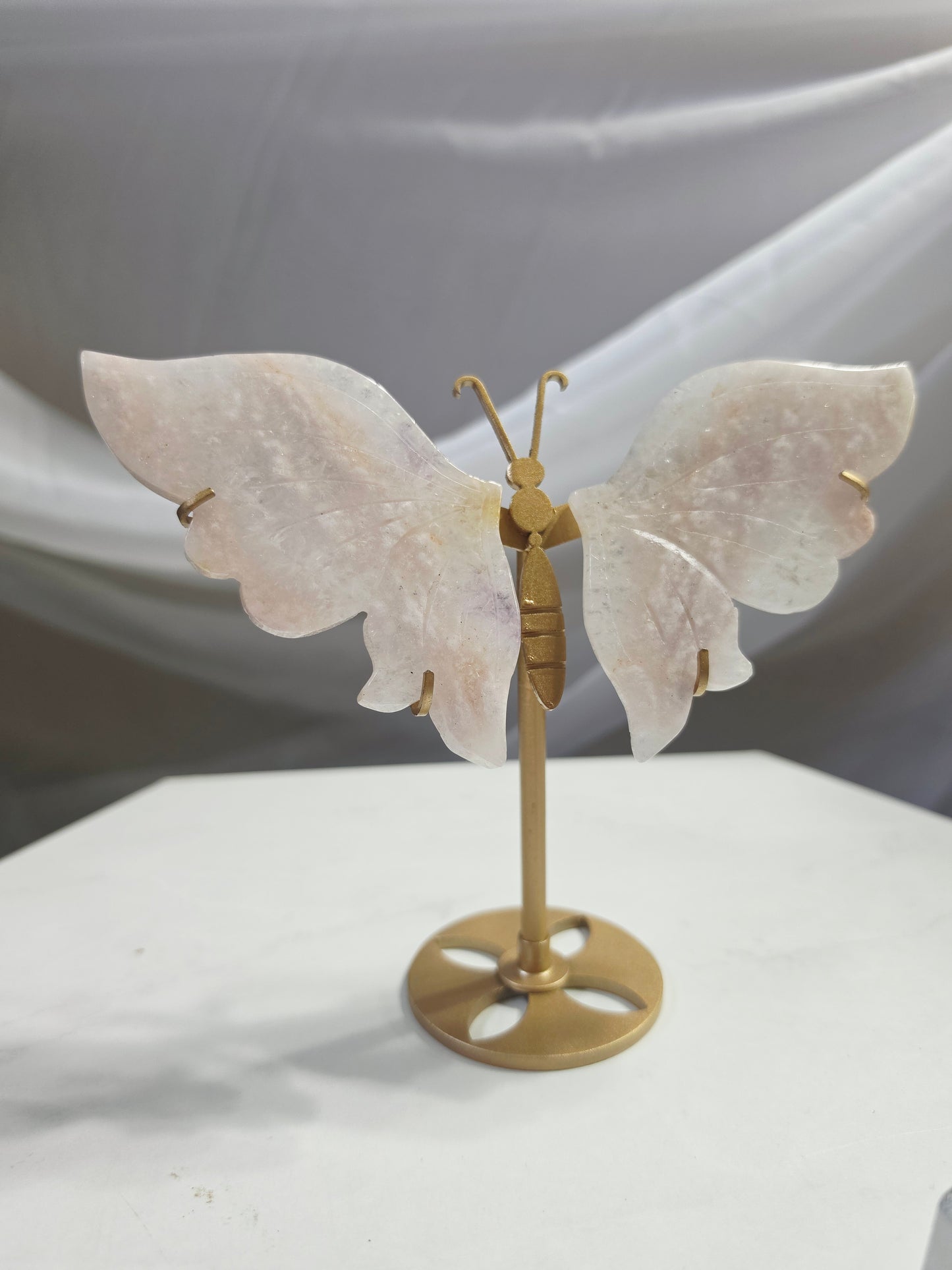 Pink Flower Agate Butterfly Wings Hand Cared on Stand