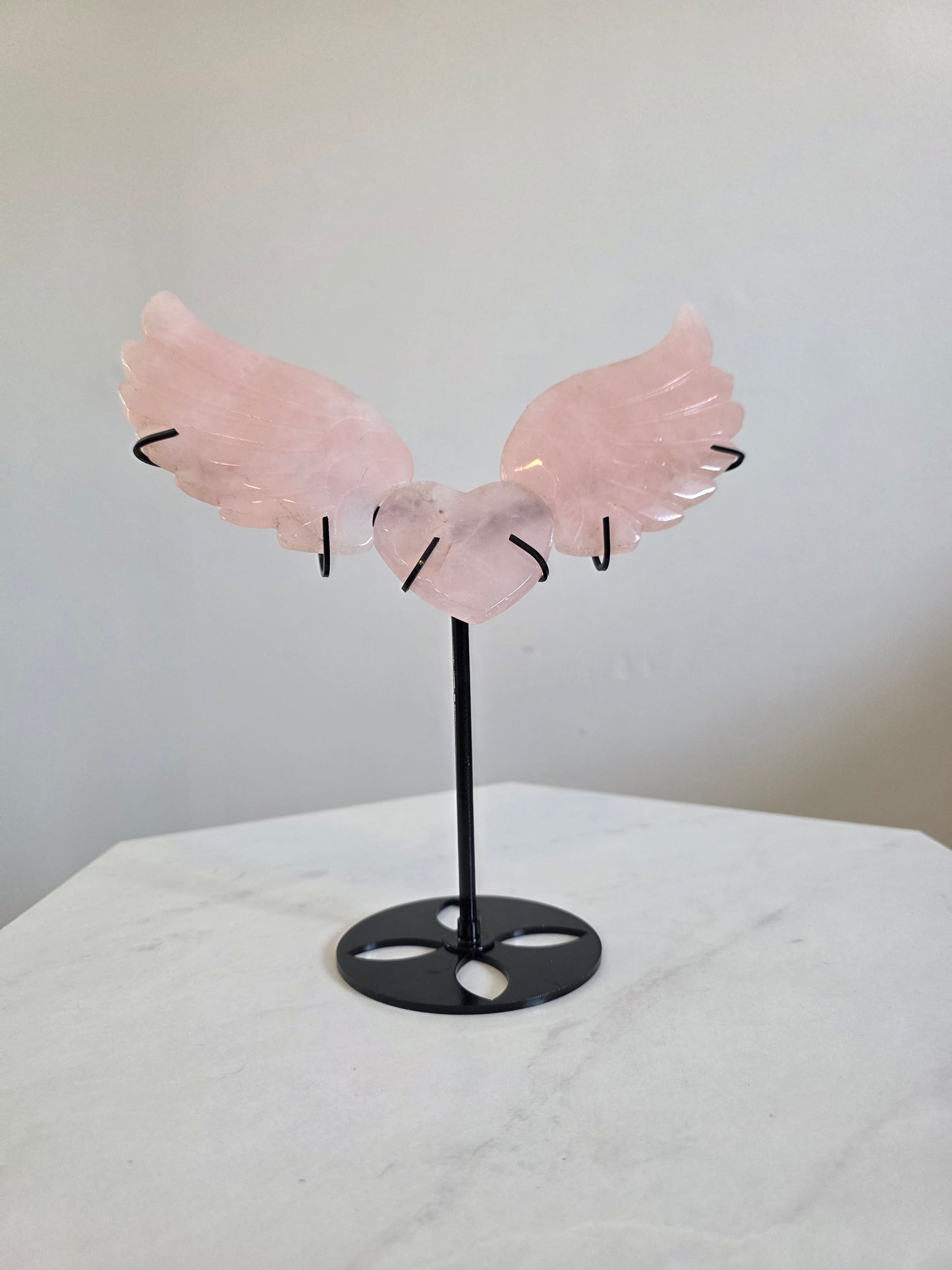 Rose Quartz Heart & Wings on stand