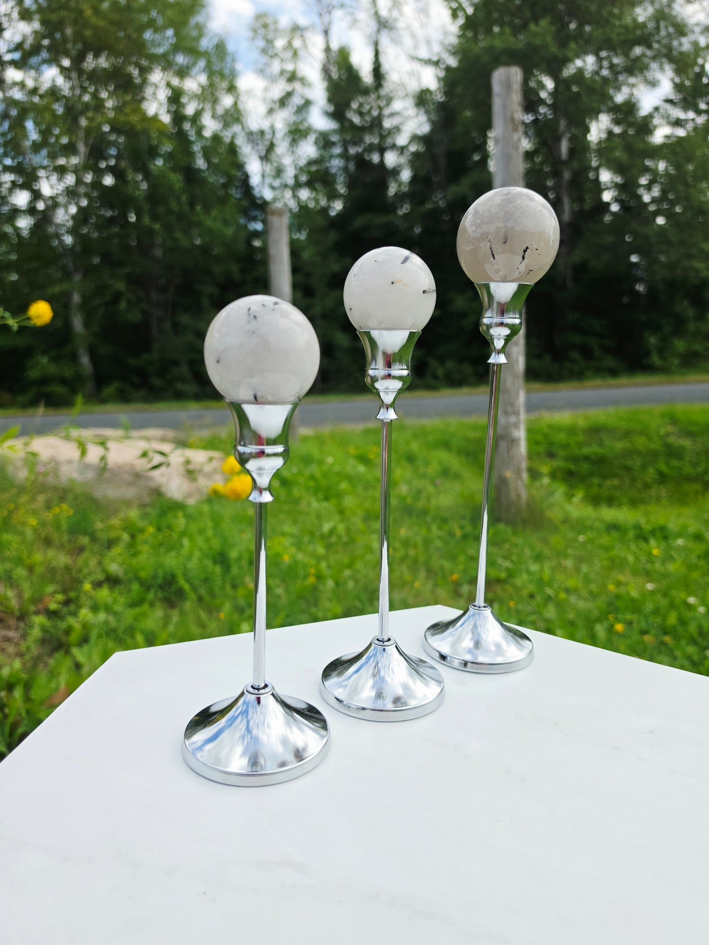 1.46 lbs Clear Quartz with Black Tourmaline Rutile 3 Spheres on Silver Stand