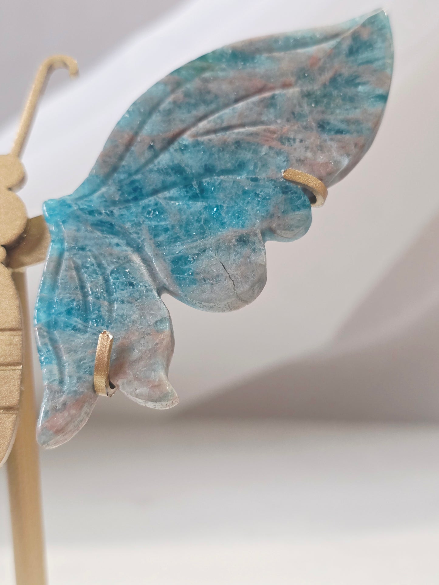 Blue Apatite Butterfly Wings on Gold Stand
