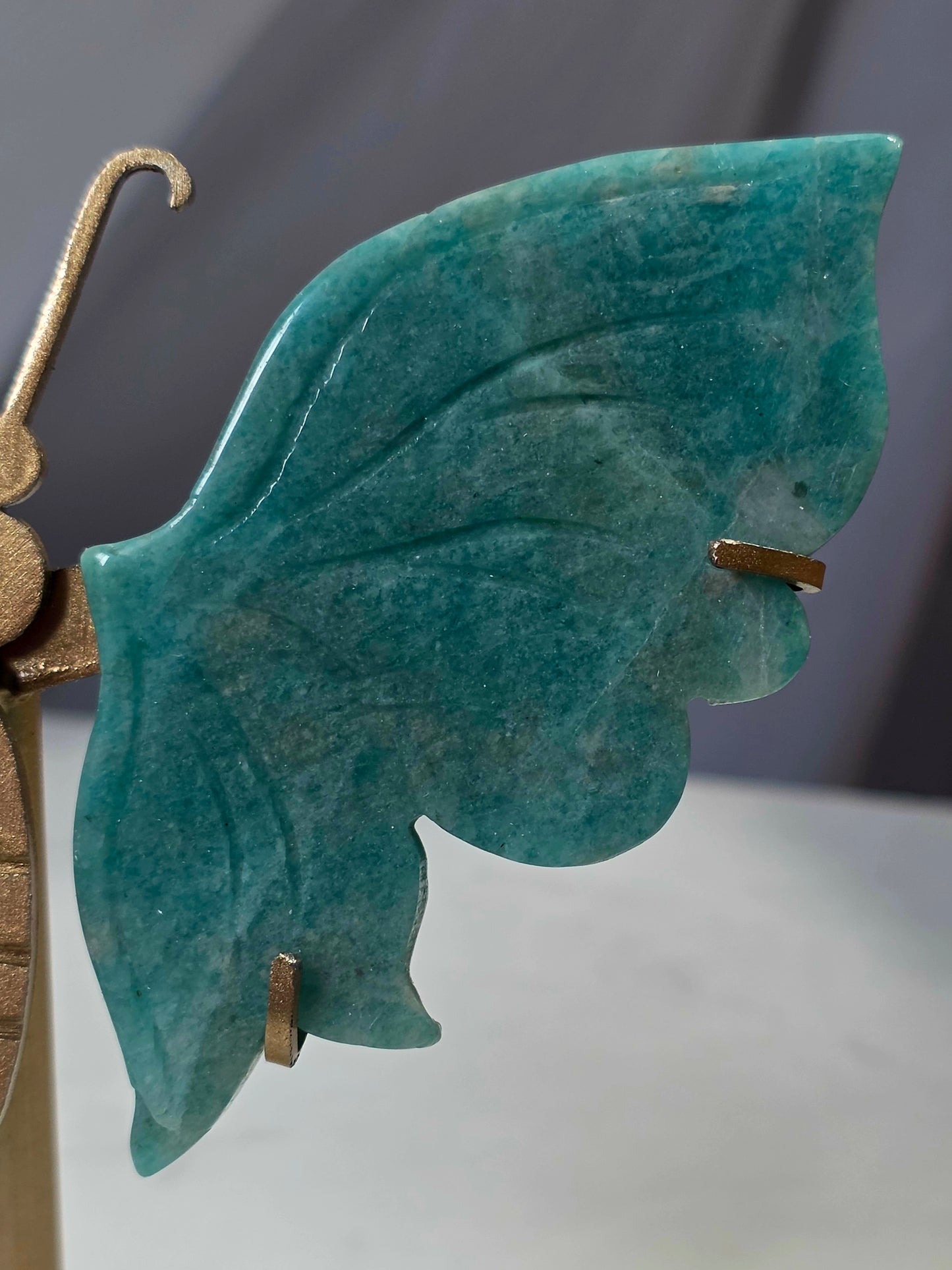 Handcrafted Amazonite Crystal Butterfly Wings on Gold Metal Stand