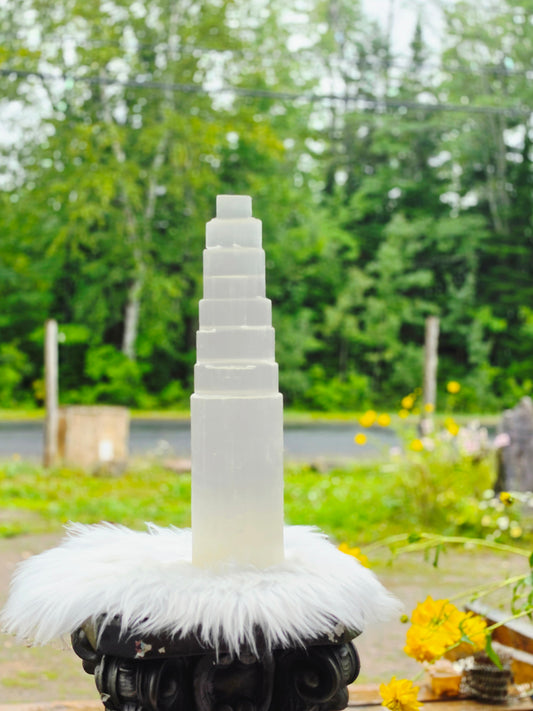3.5kg Selenite Tower 14" Wood Lamp included Natural Mineral Statement Piece