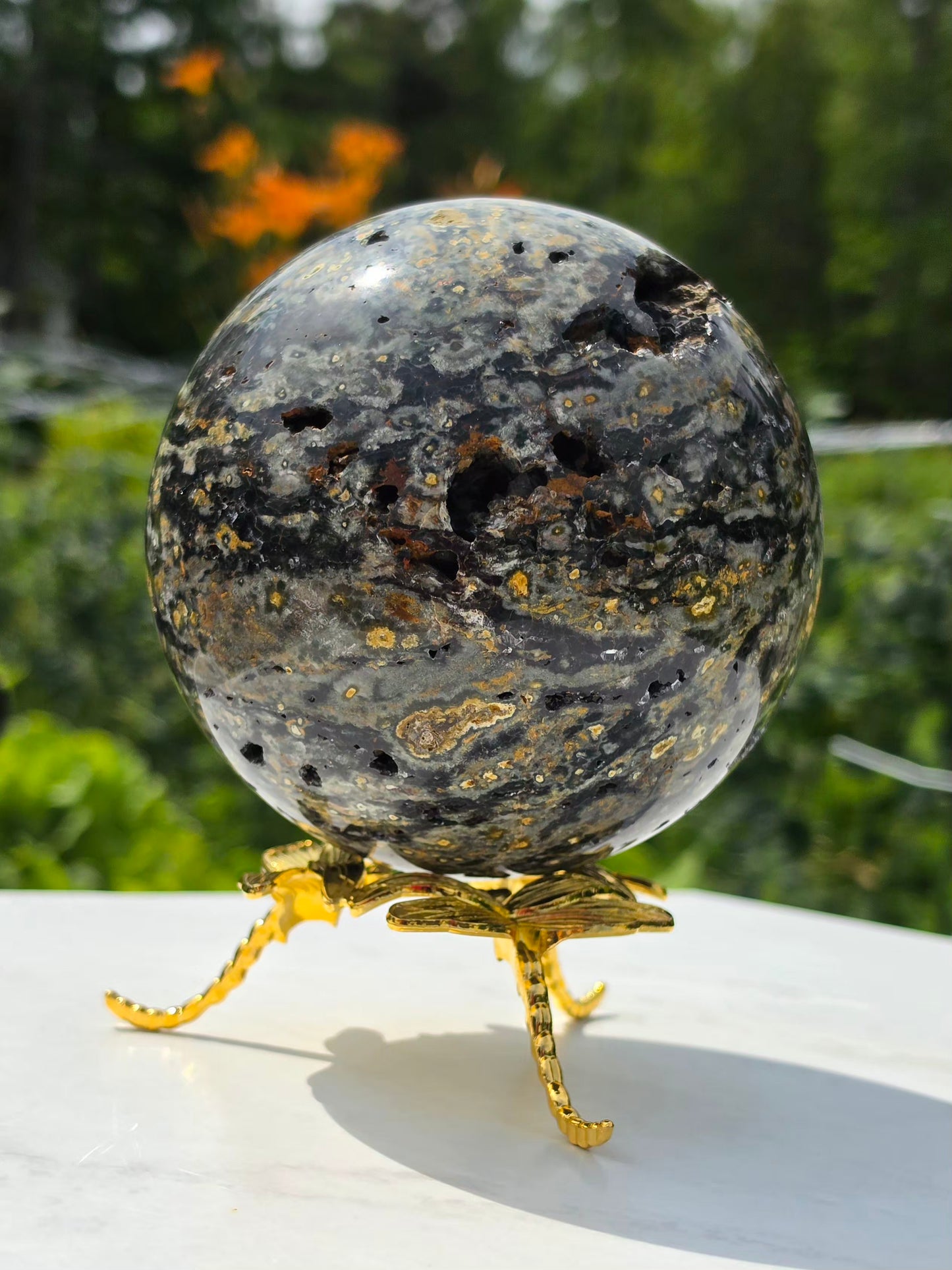 1.77kg Moss Agate Sphere with Butterfly Gold Stand Madagascar Druzy Crystal