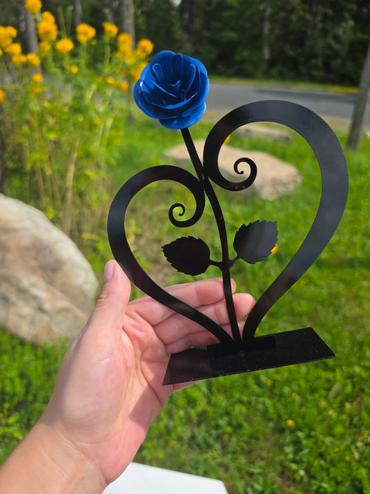 Hand-Forged Iron Rose with Heart Stand Eternal Metal Flower Sculpture 0.20lb