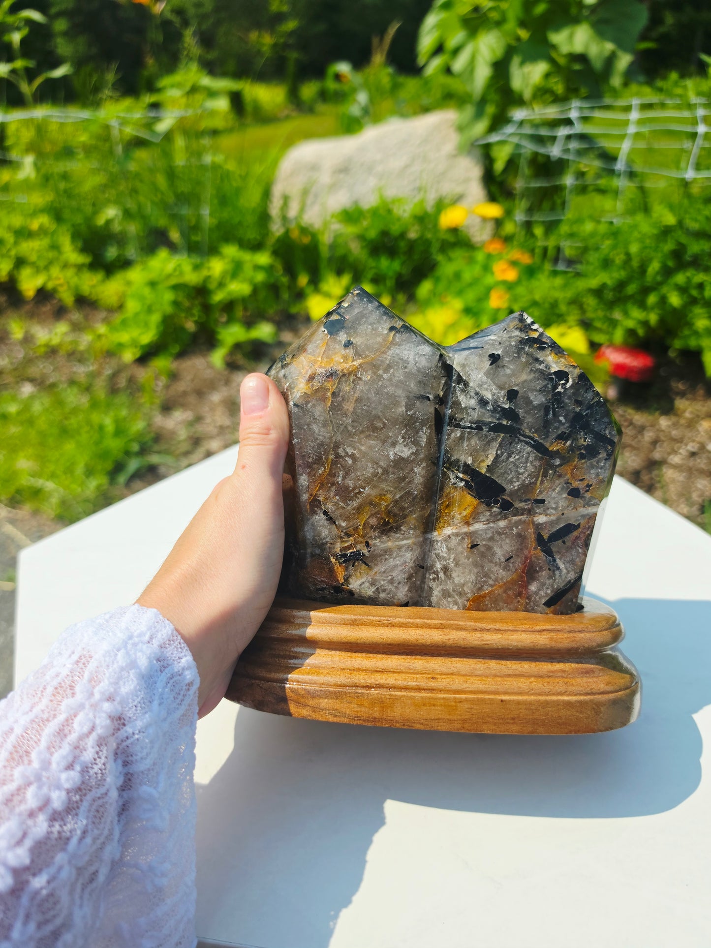 Smokey Double Points Crystal Quartz 4.41lb With Black Rutile Tourmaline On Stand