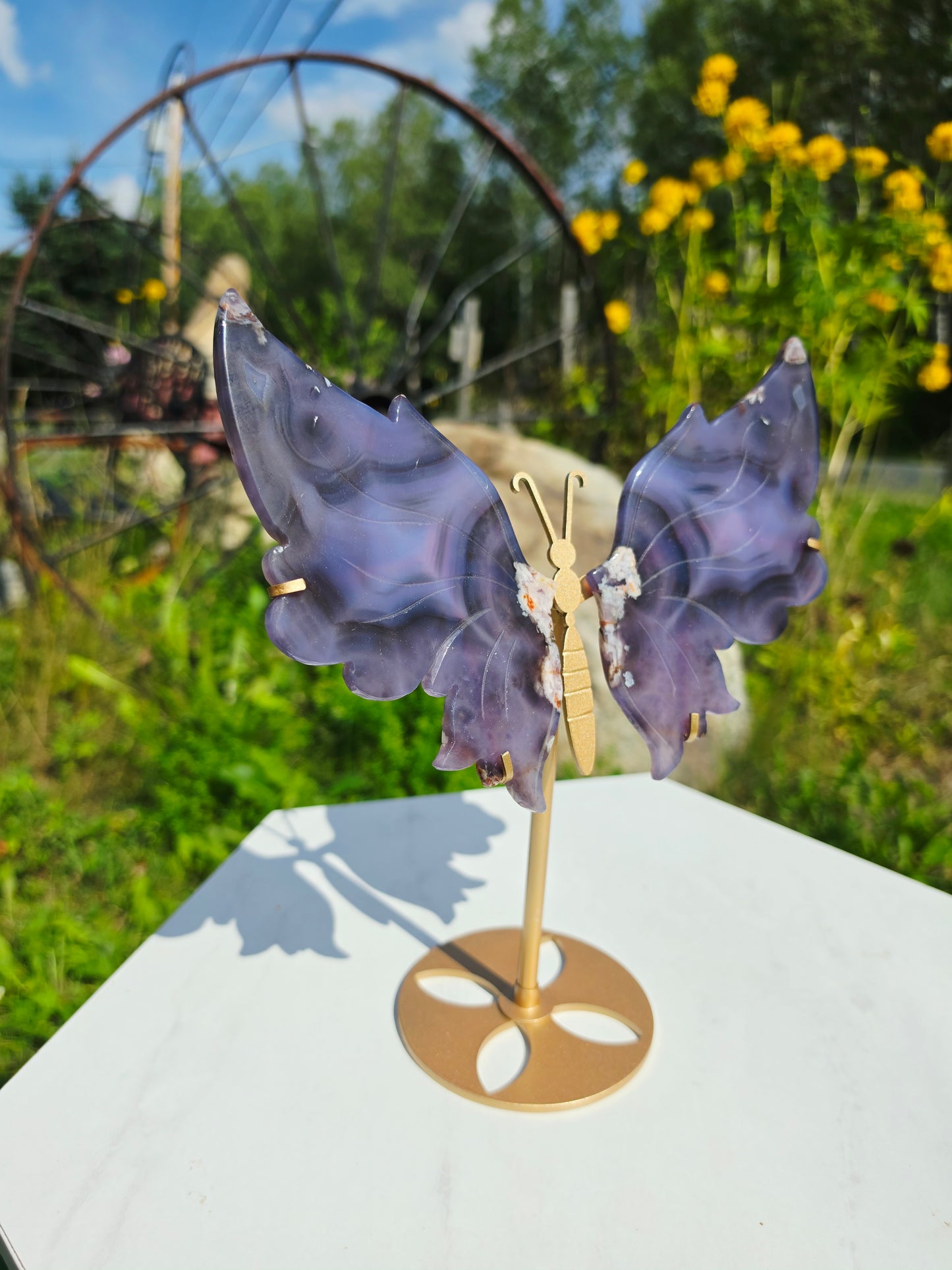 1.14lbs Blue Flower Agate Butterfly Wings on Stand 25.5x20.3cm