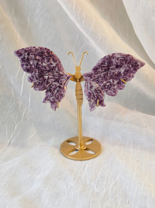 Purple Mica Butterfly Crystal Wing Carving on Stand