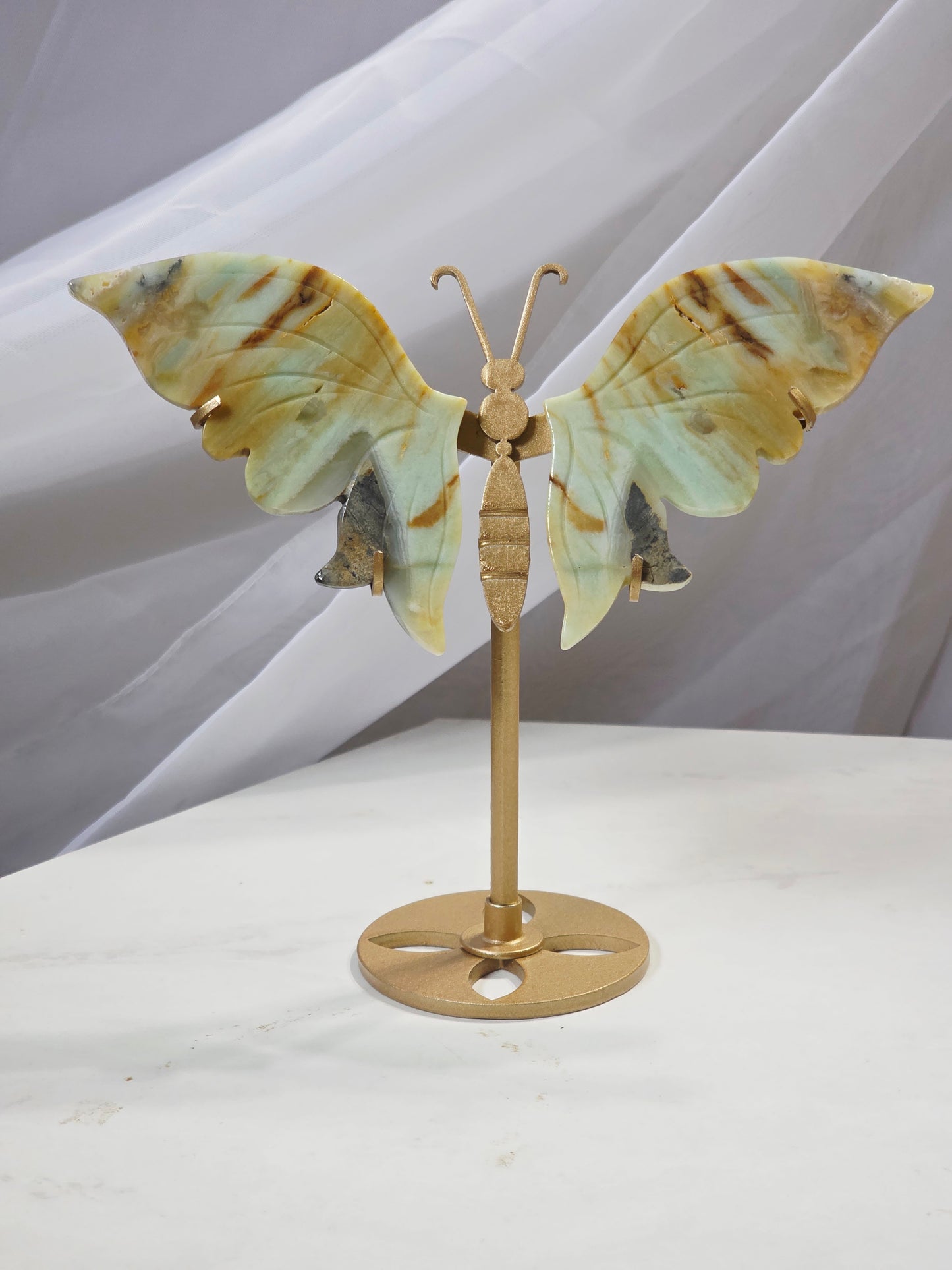 Caribbean Calcite Crystal Butterfly Wings on Gold metal stand