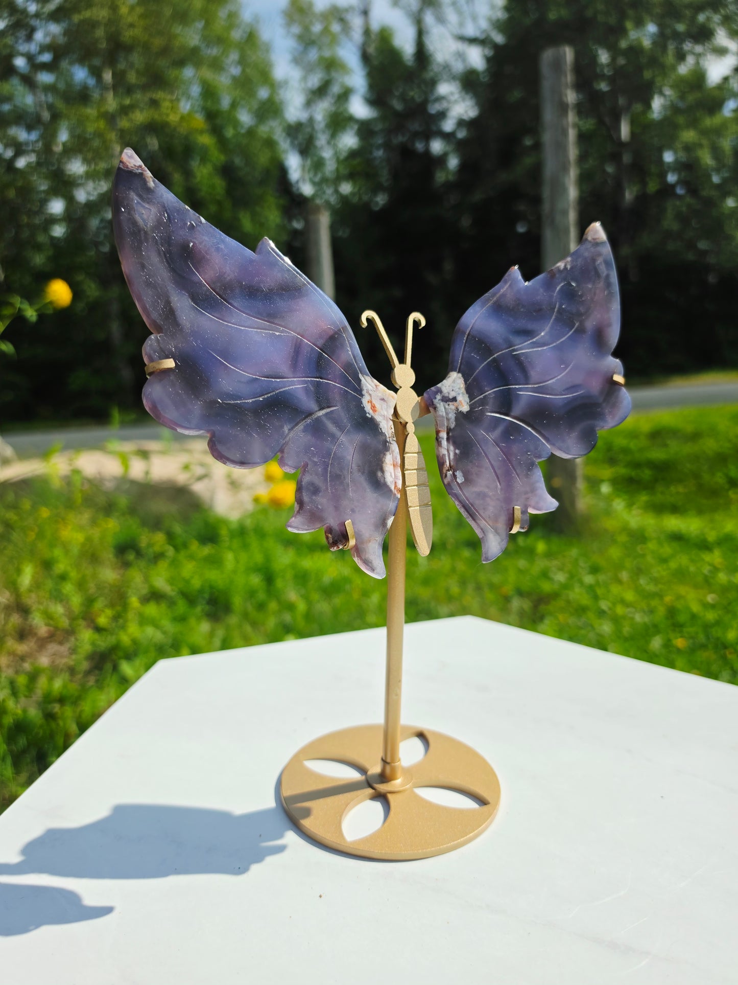 1.14lbs Blue Flower Agate Butterfly Wings on Stand 25.5x20.3cm