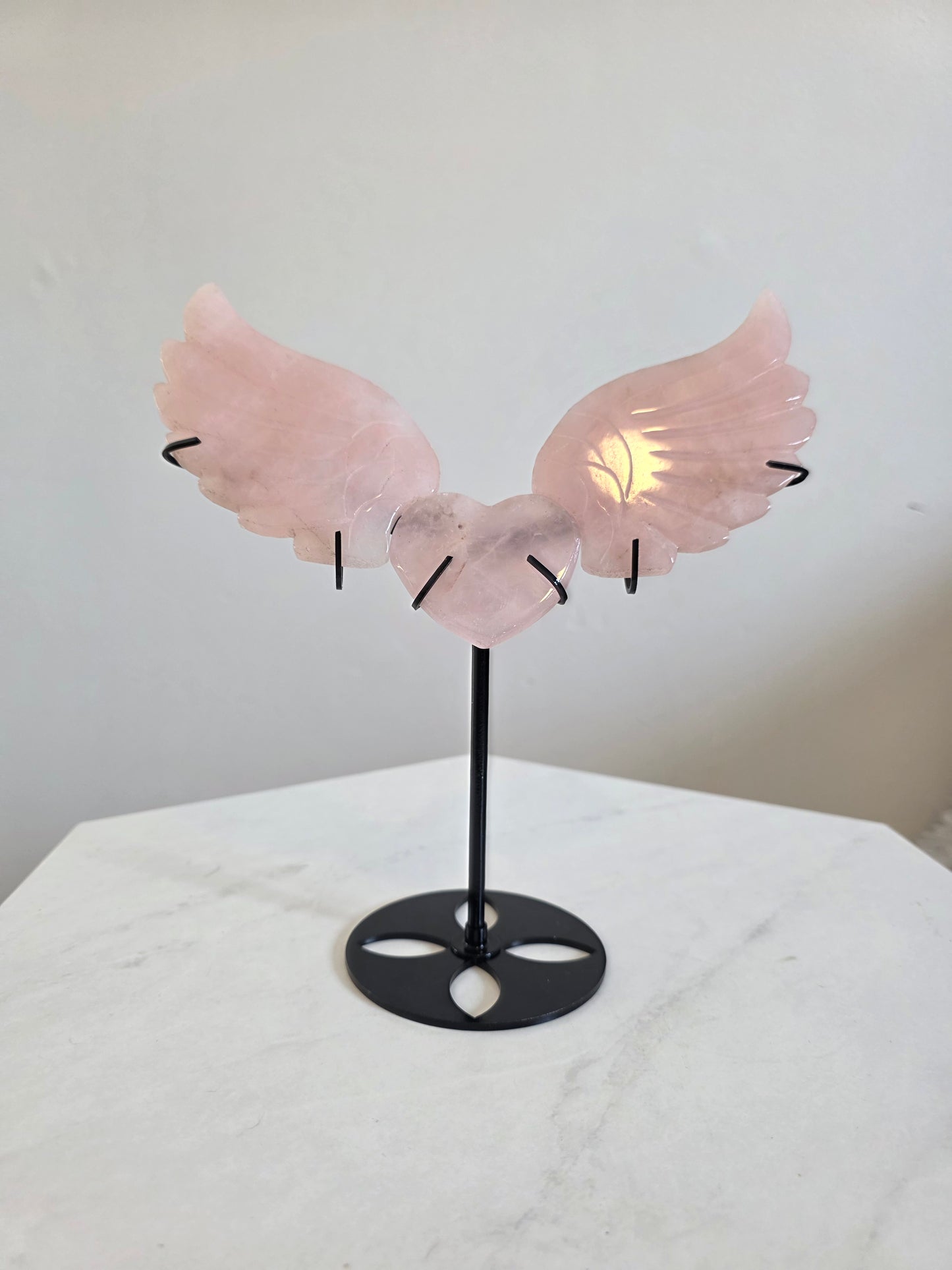 Rose Quartz Heart & Wings on stand