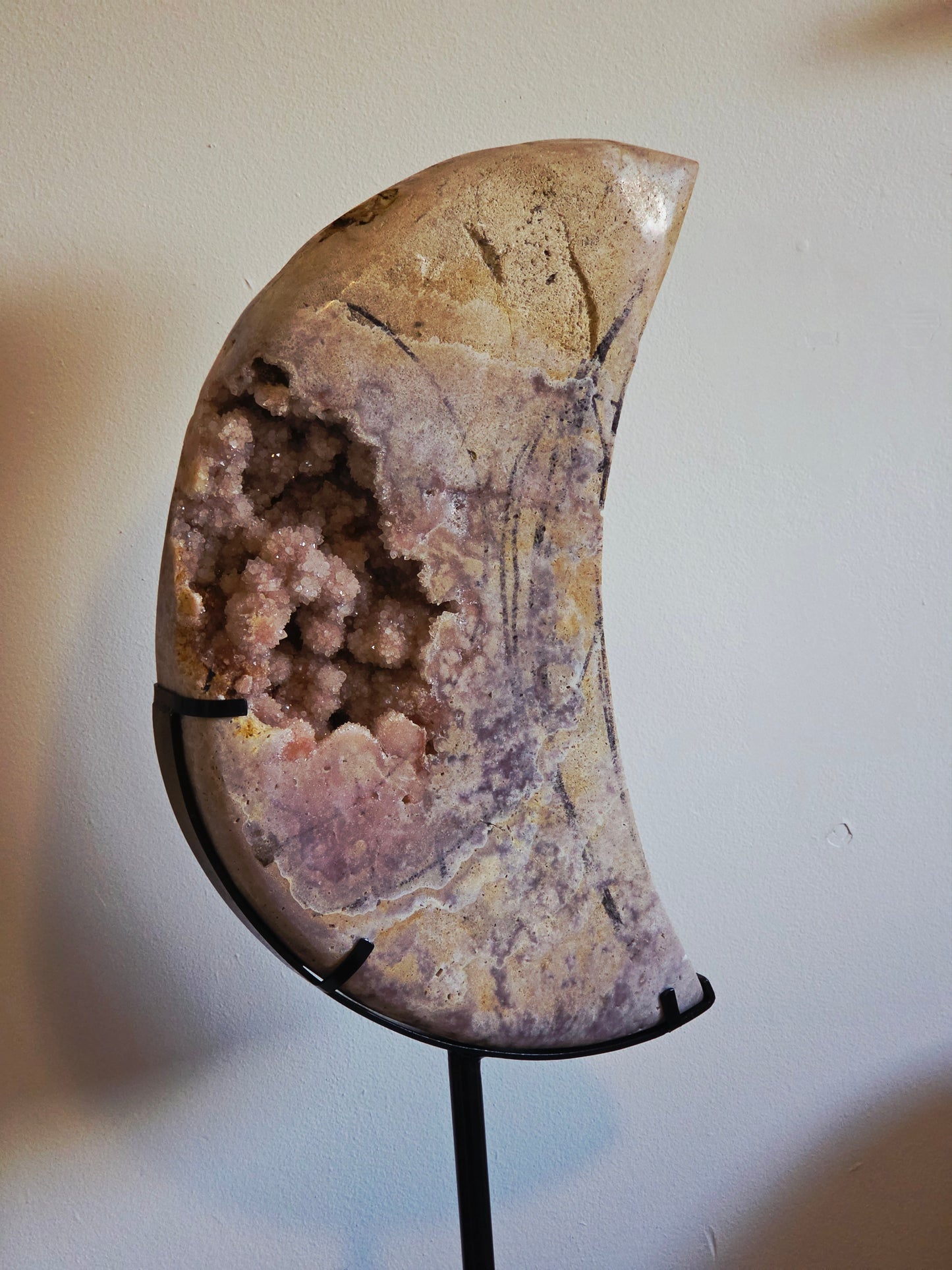 19.84 lbs Pink Amethyst Moon Carving on Custom Stand - Statement Piece