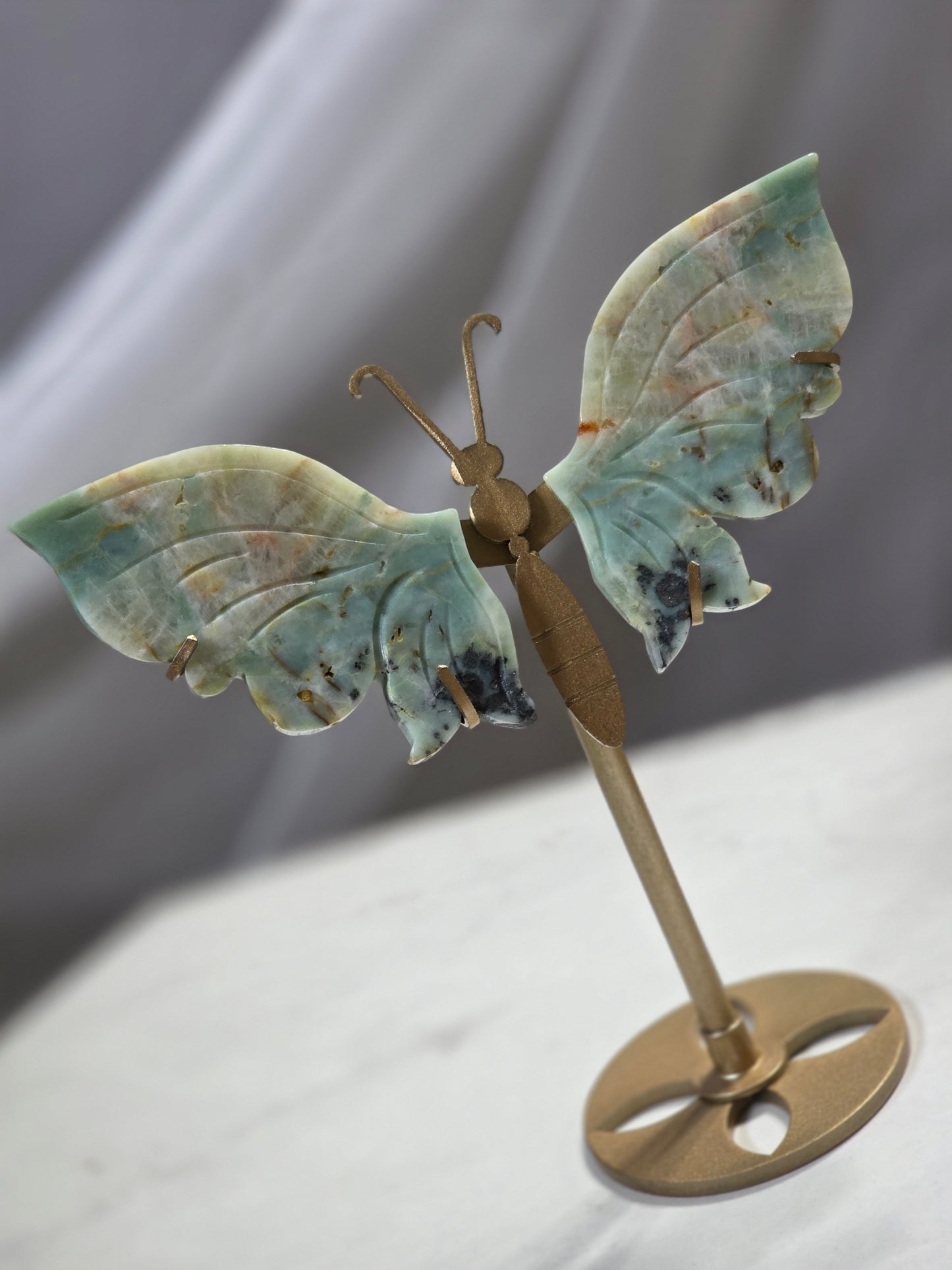 Amazonite Butterfly Crystal Wings set on Gold Stand