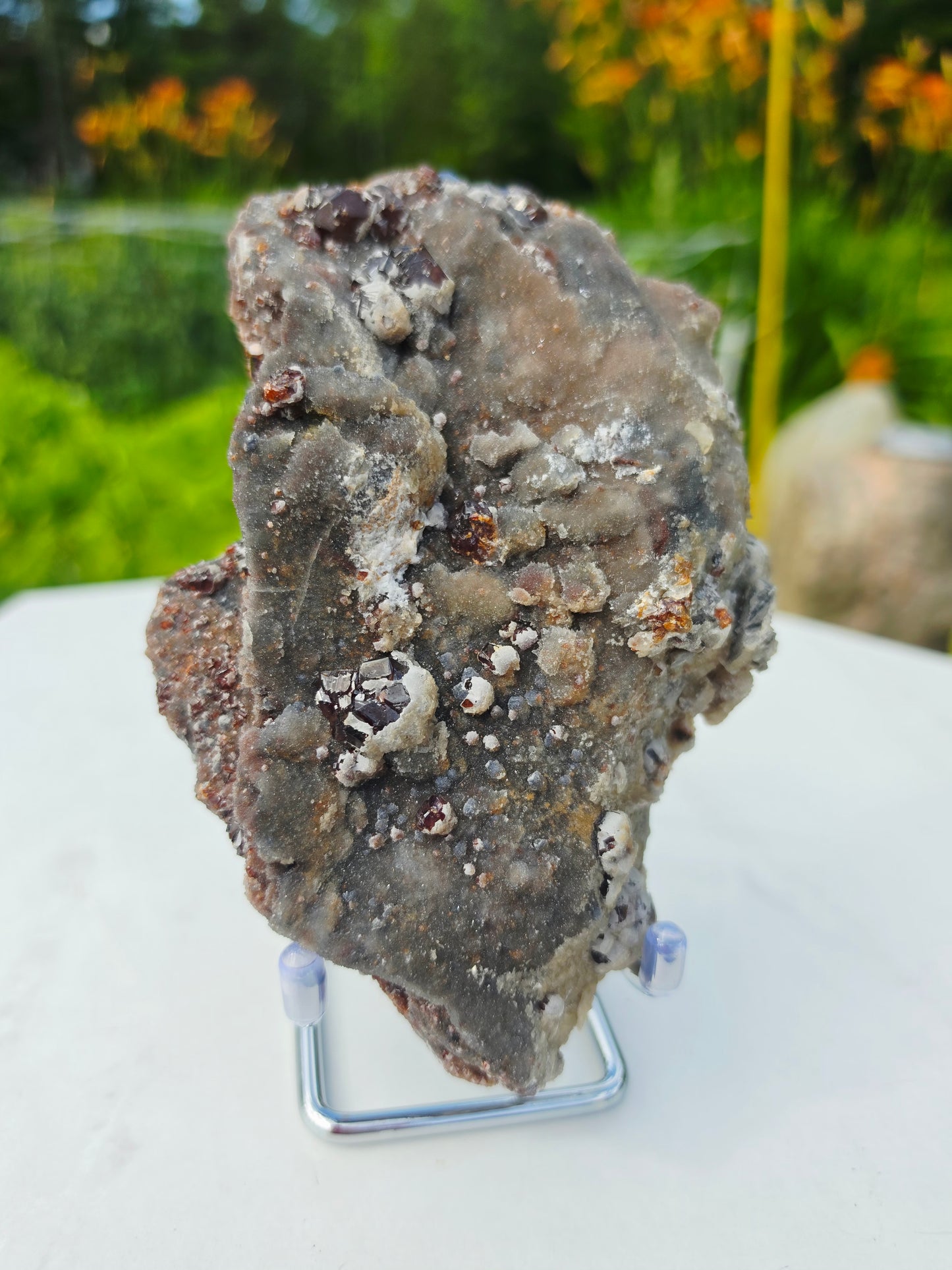 Garnet On Matrix with Pyrite and Druzy Mineral Speciment With Stand