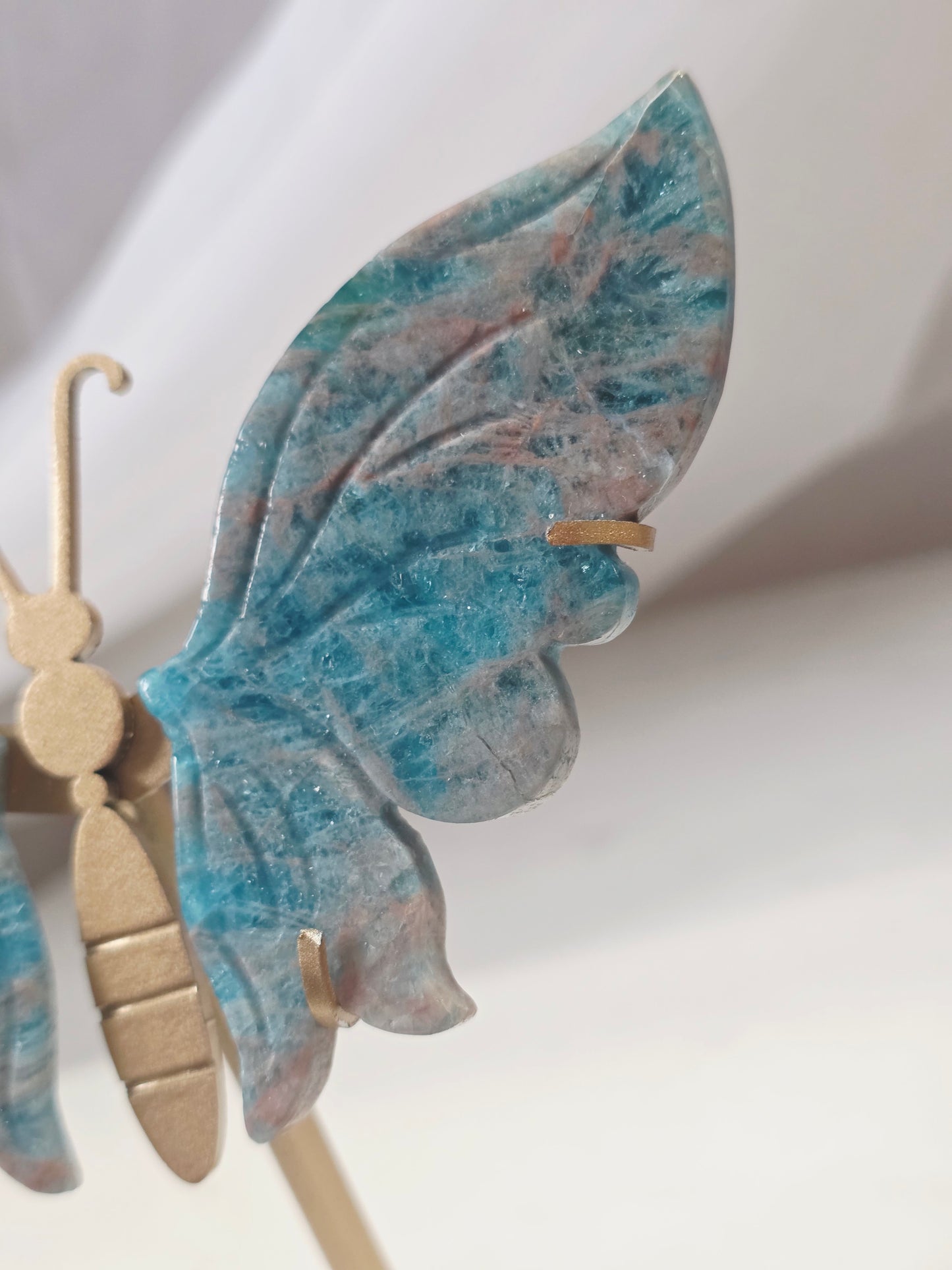 Blue Apatite Butterfly Wings on Gold Stand