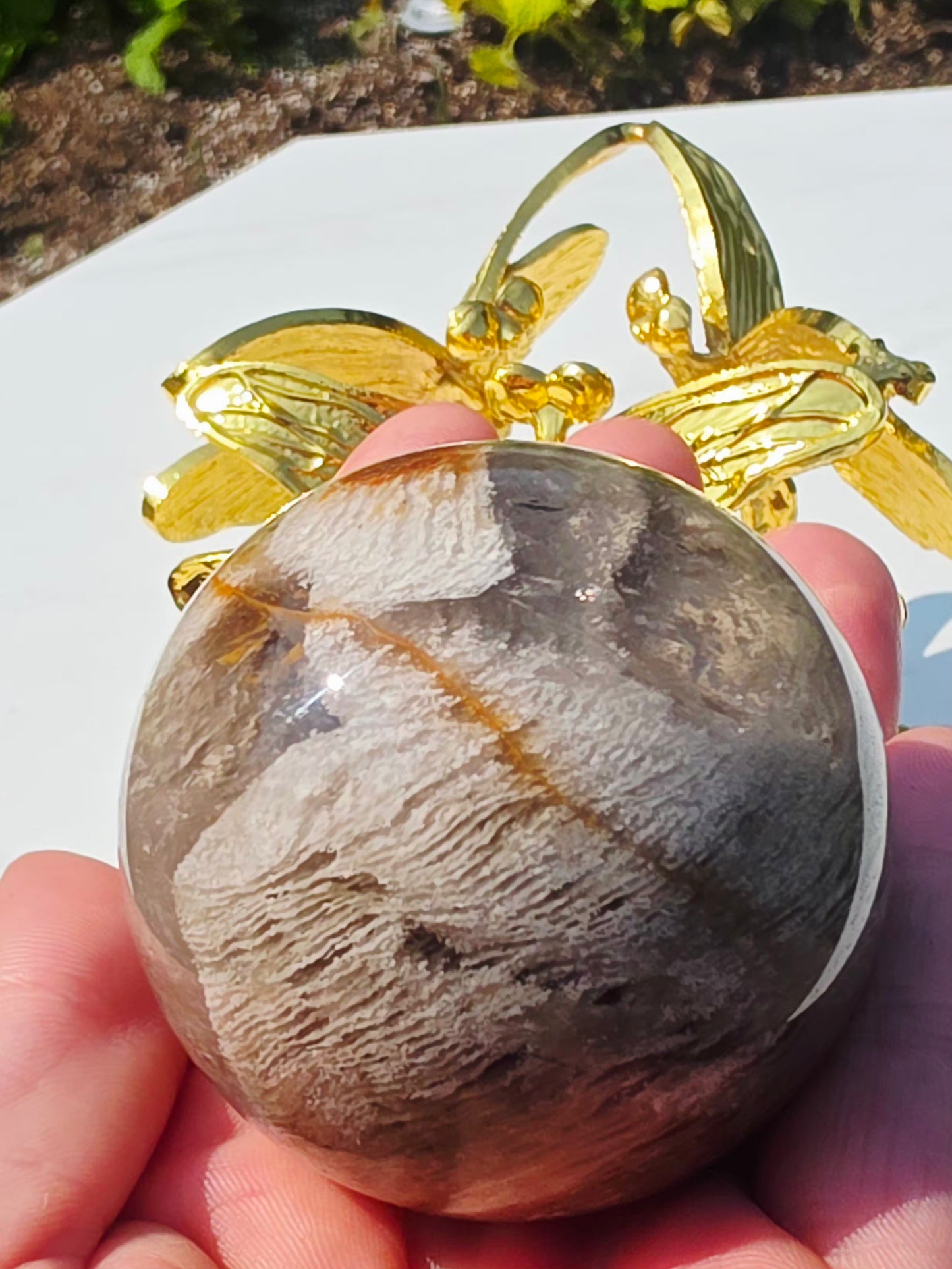 Thousands Layers Crystal Sphere Natural Inclusion 0.84lb On Butterfly Stand