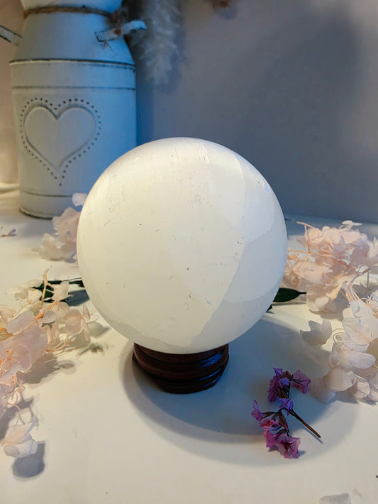 Morocco Selenite Crystal Sphere Wood Stand Medium Size
