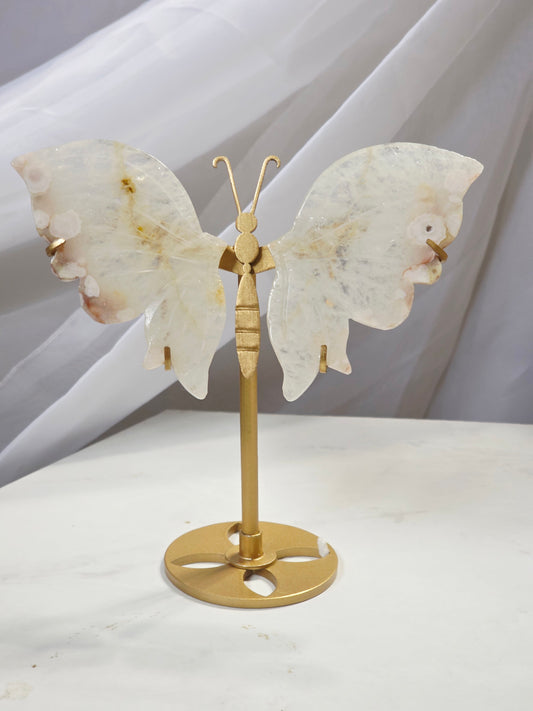 Flower Agate Butterfly Wings on a custom stand