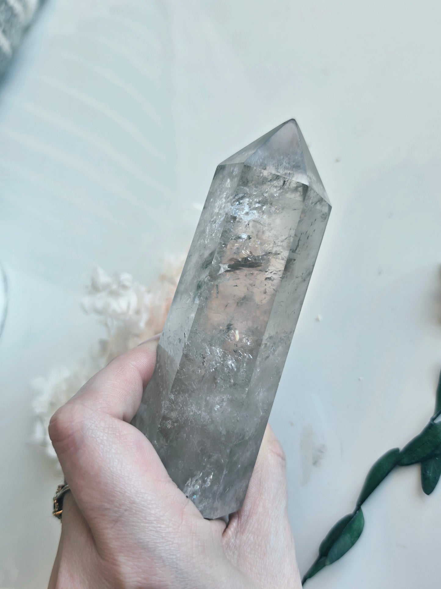 Smokey Clear Quartz Point Rainbow Flash Medium Size Flat Base