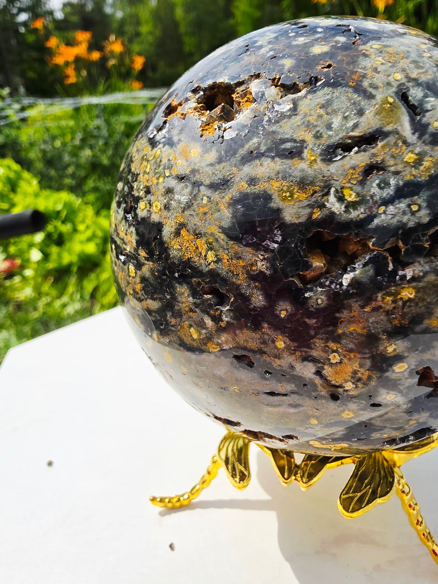 1.77kg Moss Agate Sphere with Butterfly Gold Stand Madagascar Druzy Crystal