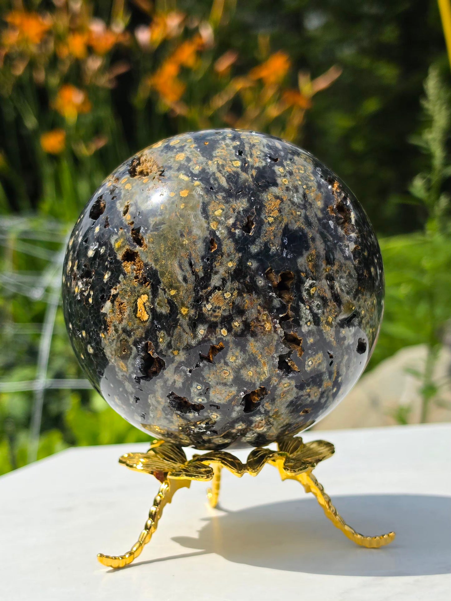 1.77kg Moss Agate Sphere with Butterfly Gold Stand Madagascar Druzy Crystal