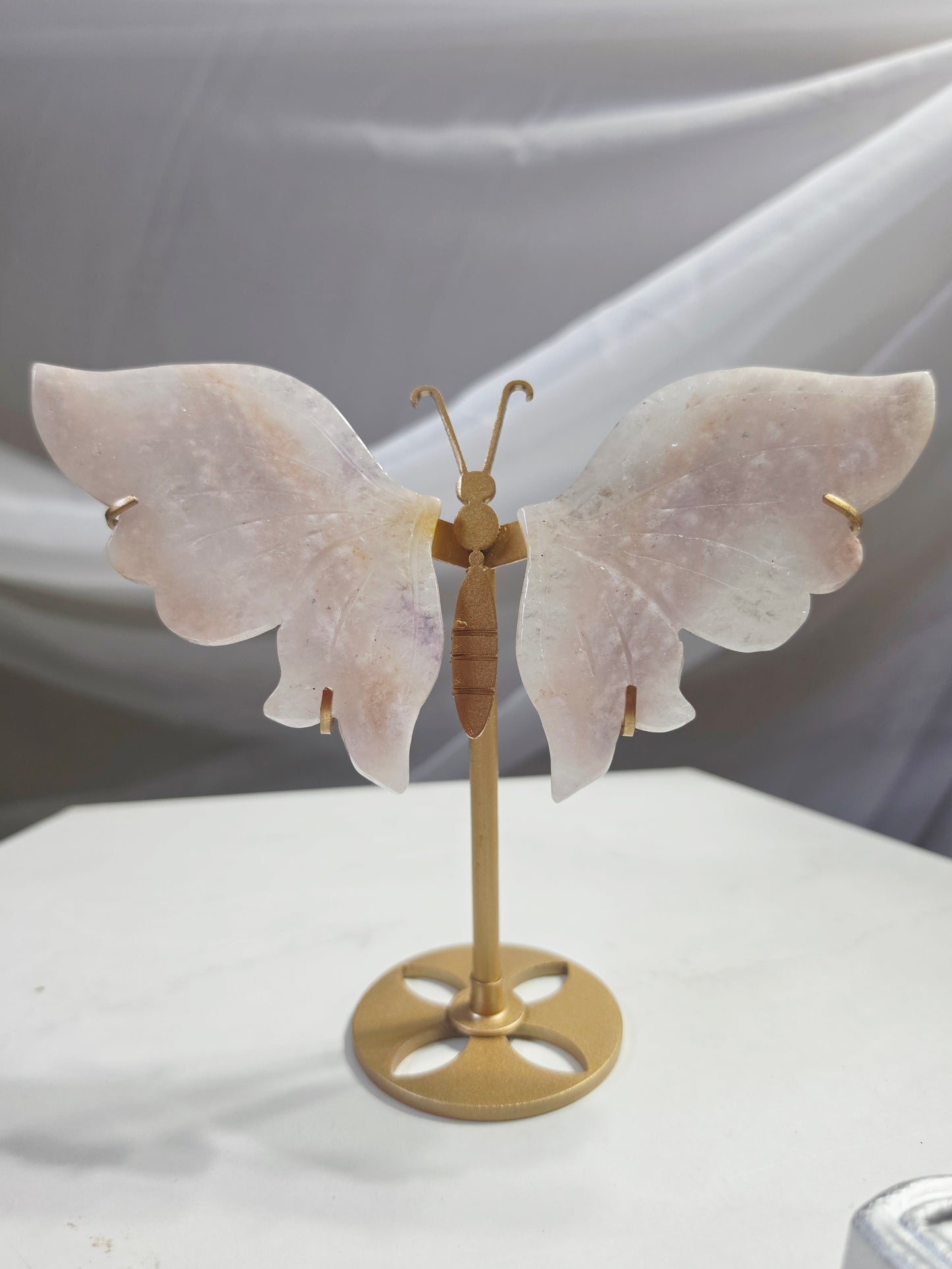 Pink Flower Agate Butterfly Wings Hand Cared on Stand
