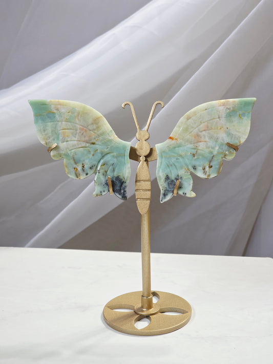 Amazonite Butterfly Crystal Wings set on Gold Stand