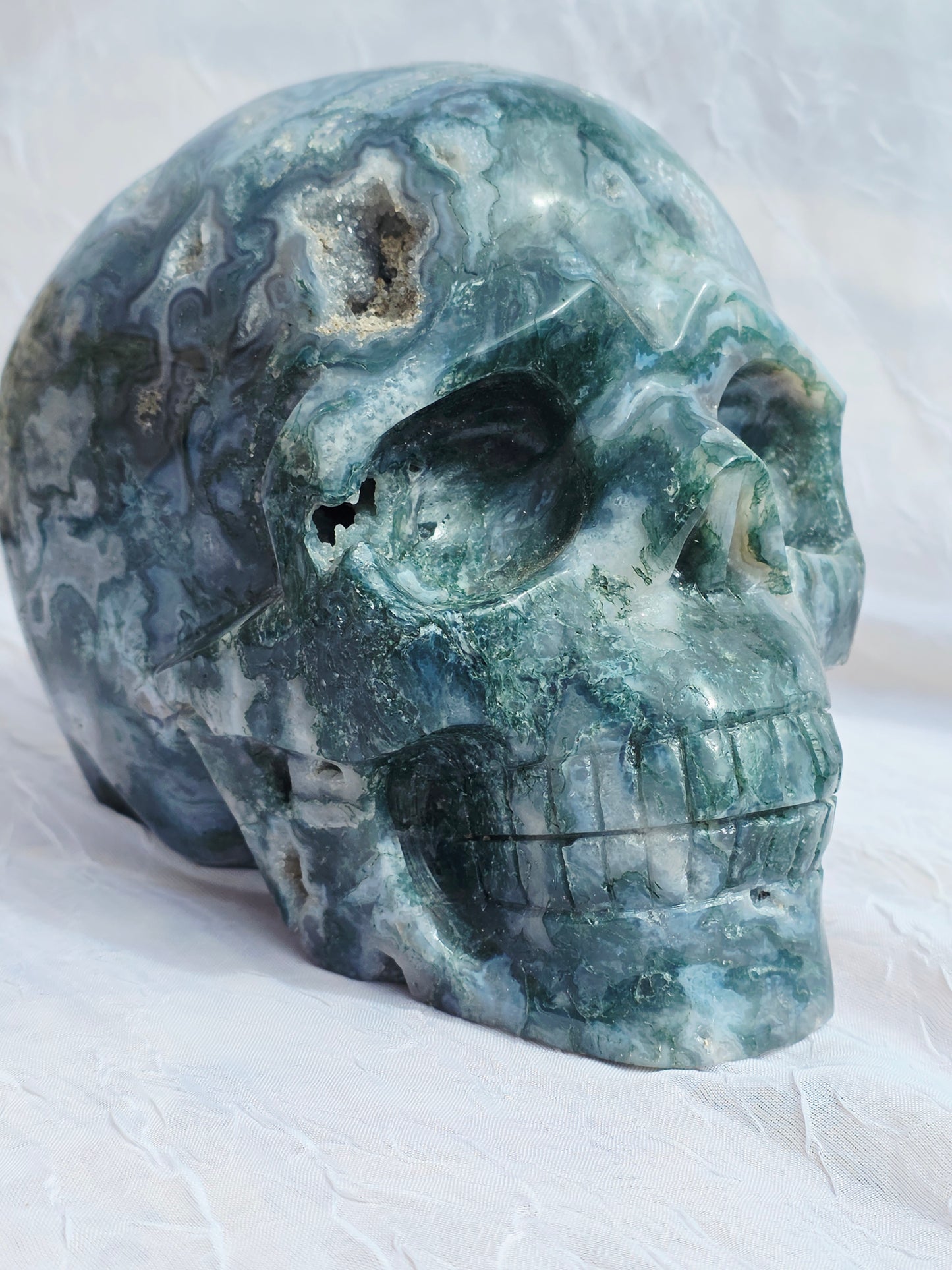 Hand-Carved Natural Green Moss Agate Crystal Skull 5.40 lbs