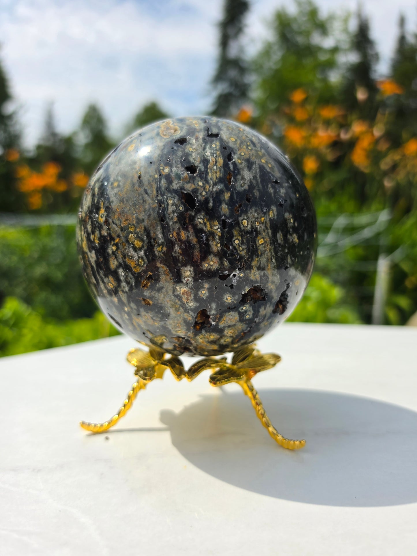 1.77kg Moss Agate Sphere with Butterfly Gold Stand Madagascar Druzy Crystal
