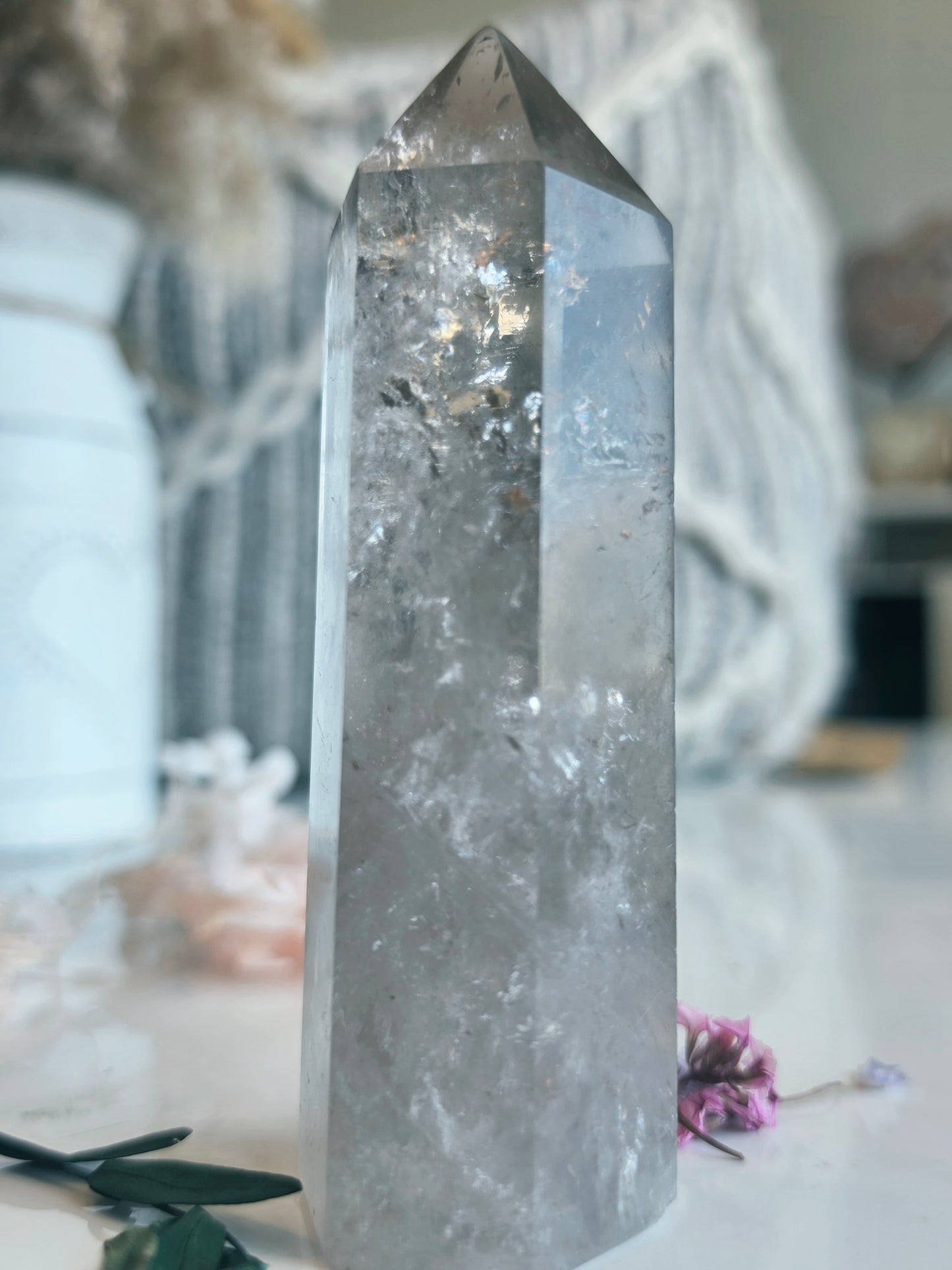 Smokey Clear Quartz Point Rainbow Flash Medium Size Flat Base