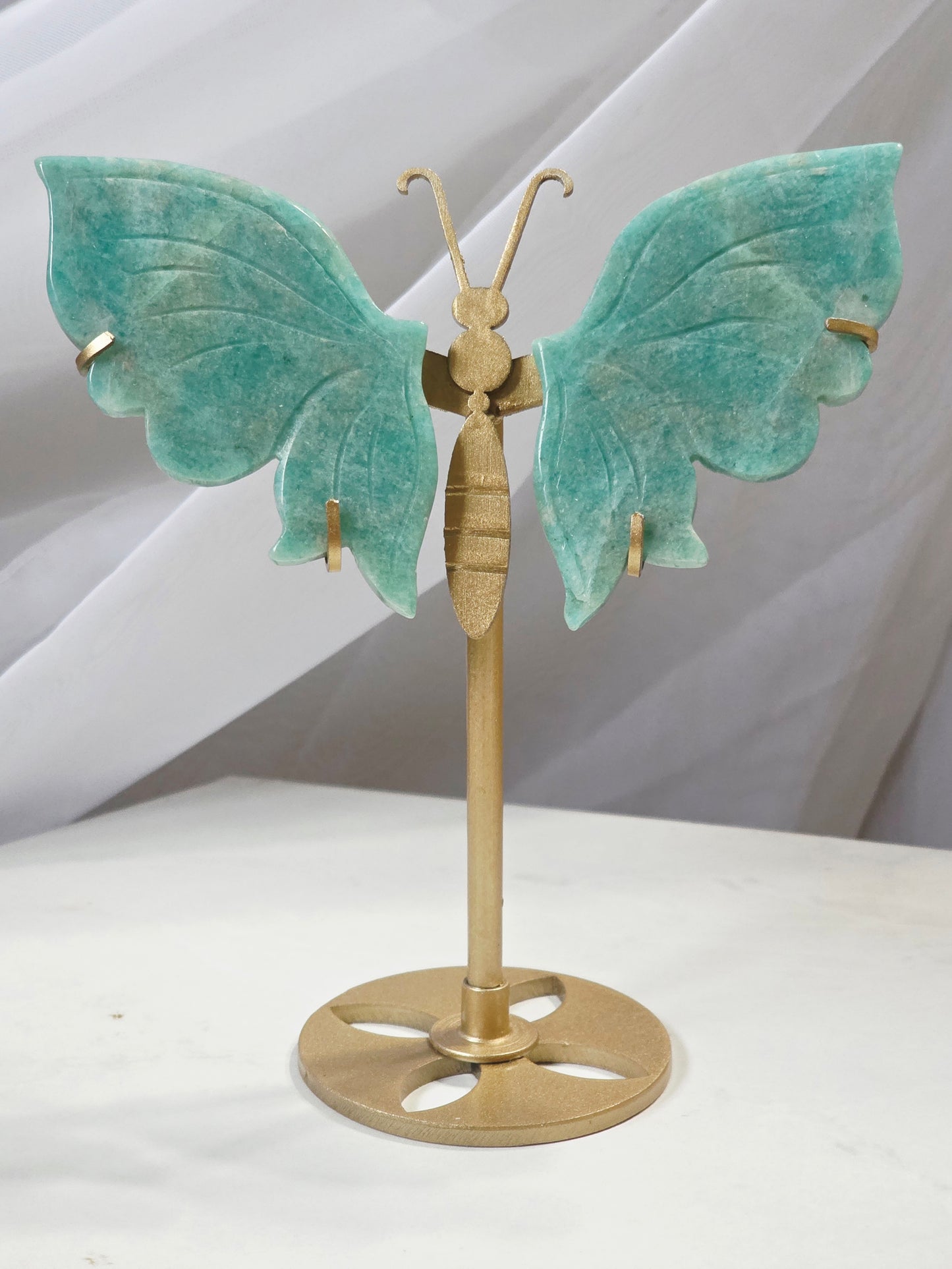 Handcrafted Amazonite Crystal Butterfly Wings on Gold Metal Stand