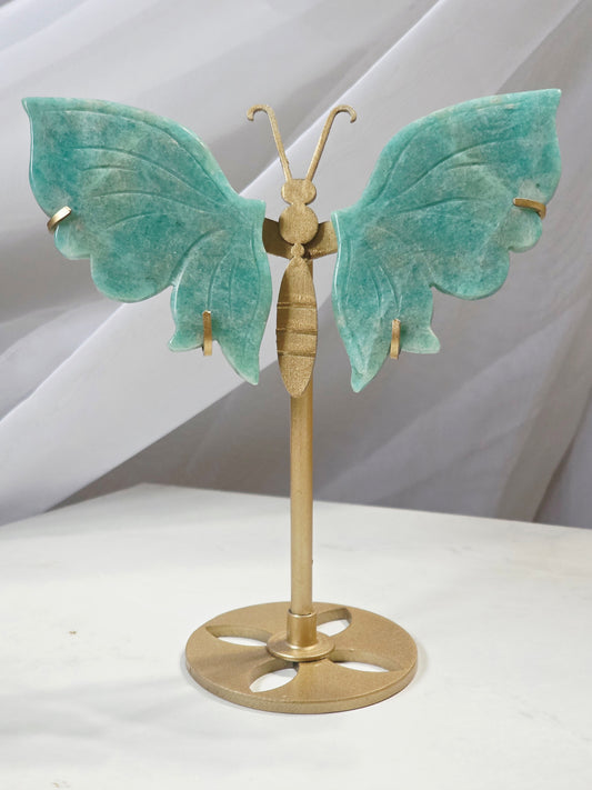 Handcrafted Amazonite Crystal Butterfly Wings on Gold Metal Stand