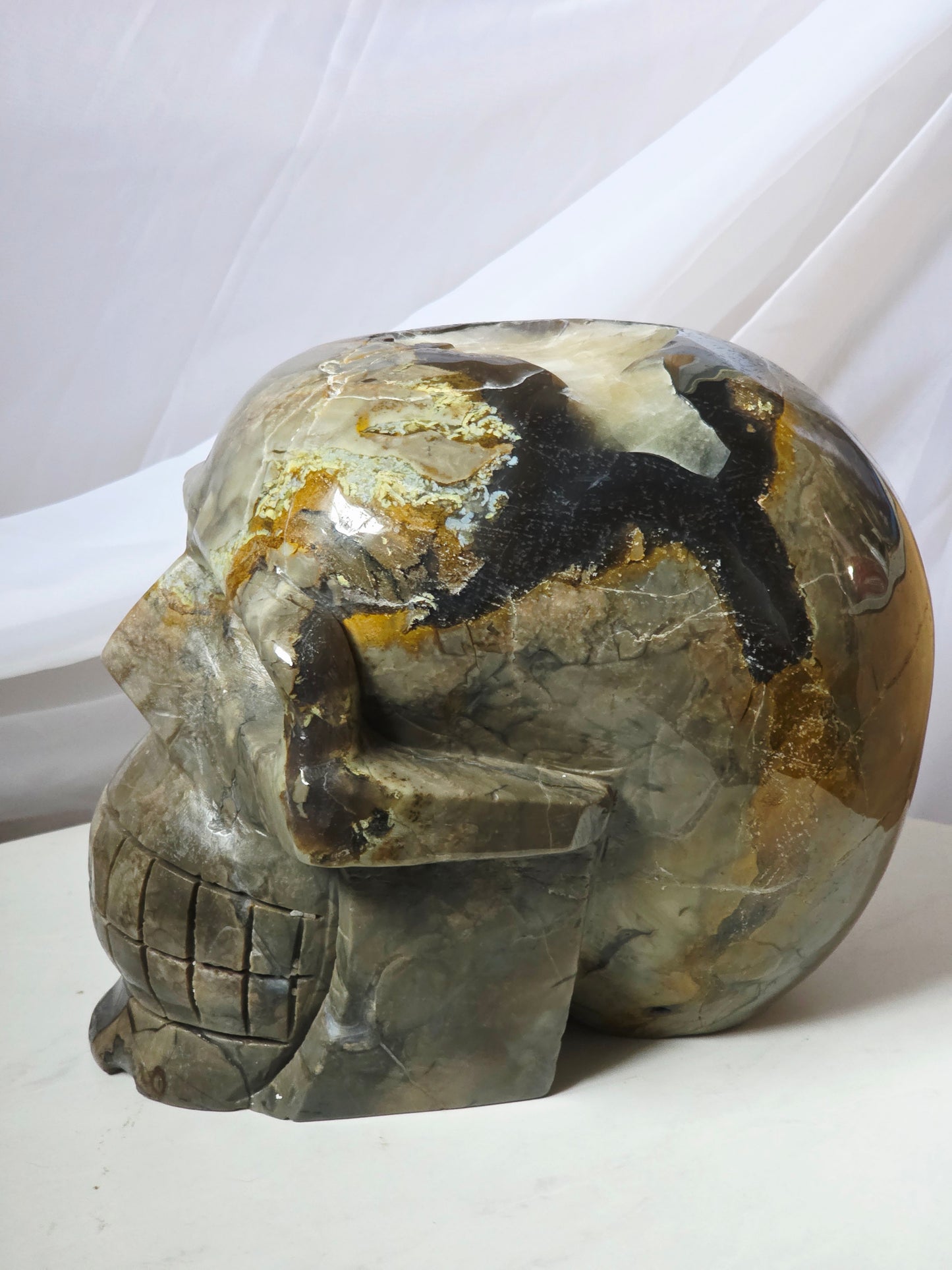 28 Pounds Skull Volcano Agate with Calcite UV Geode Hand Carved Mayan Statement Piece