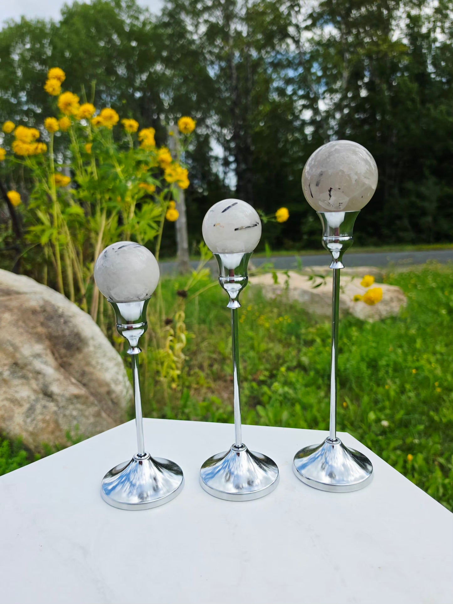 1.46 lbs Clear Quartz with Black Tourmaline Rutile 3 Spheres on Silver Stand