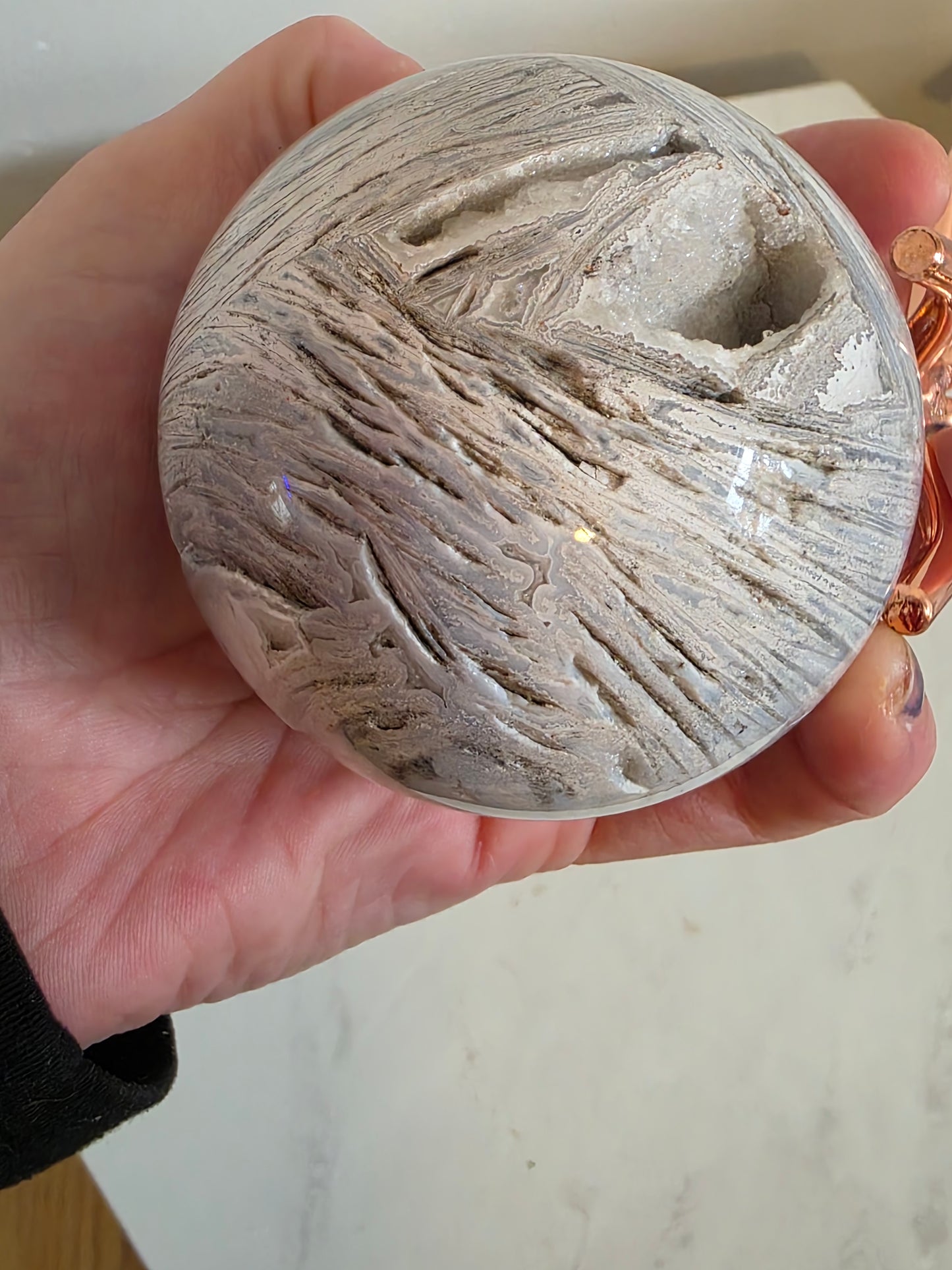 White Mexican Lace Agate Shimmering Druzy UV Reactive on stand