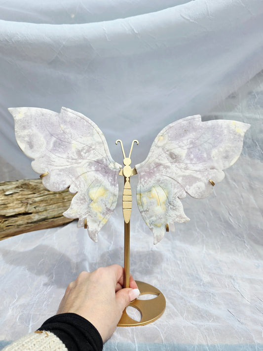 White Butterfly Stone Wings on Gold Stand – Crystal Butterfly Decor – Elegant Home Accent