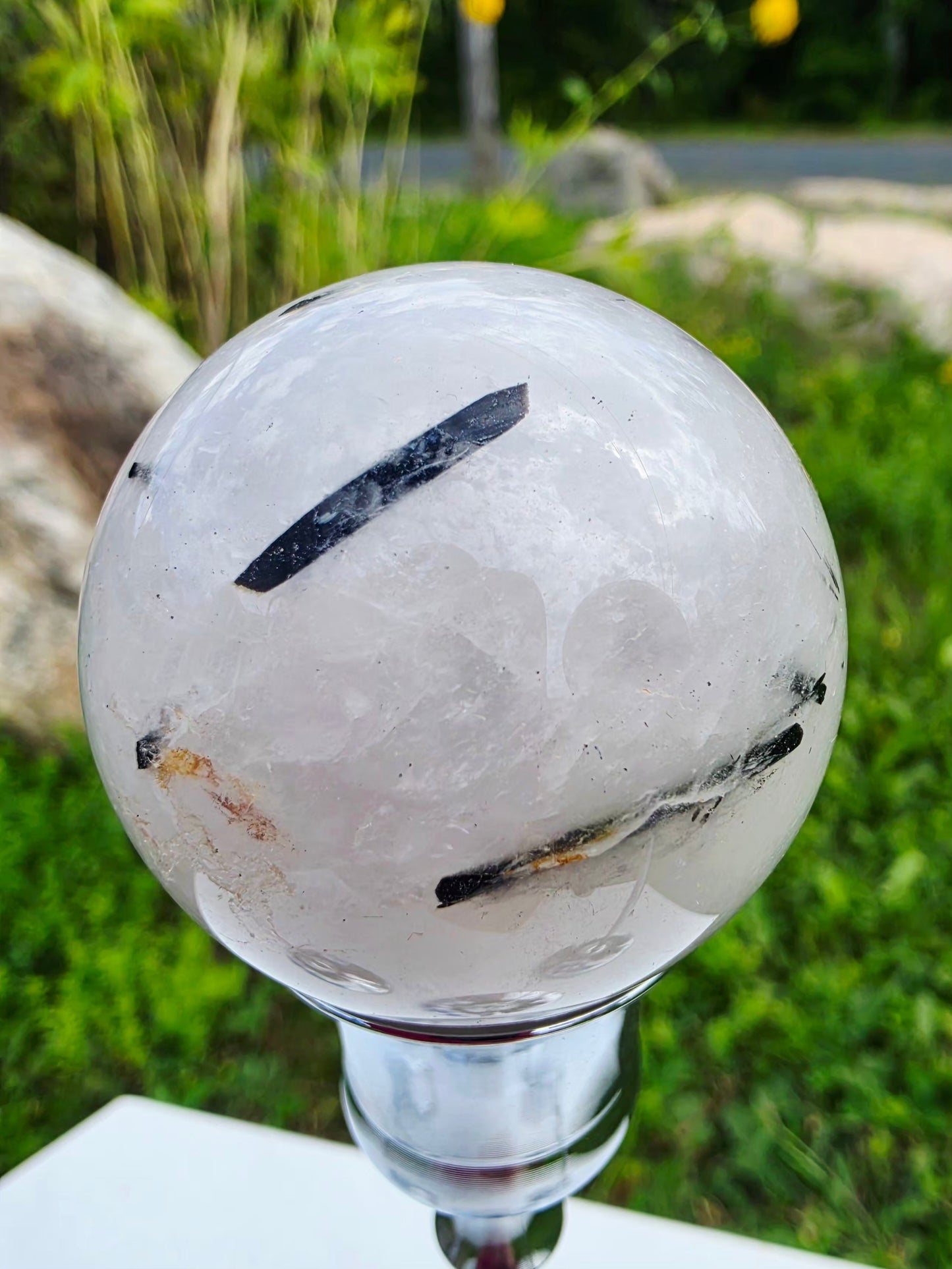 1.46 lbs Clear Quartz with Black Tourmaline Rutile 3 Spheres on Silver Stand