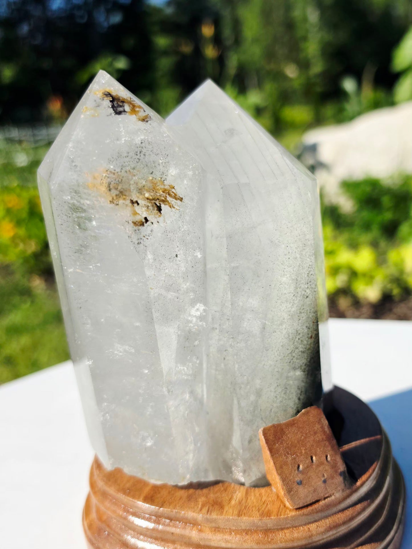 2.2 lbs Garden Quartz Double Top Point Crystal Mineral With Stand  9×17.5 cm