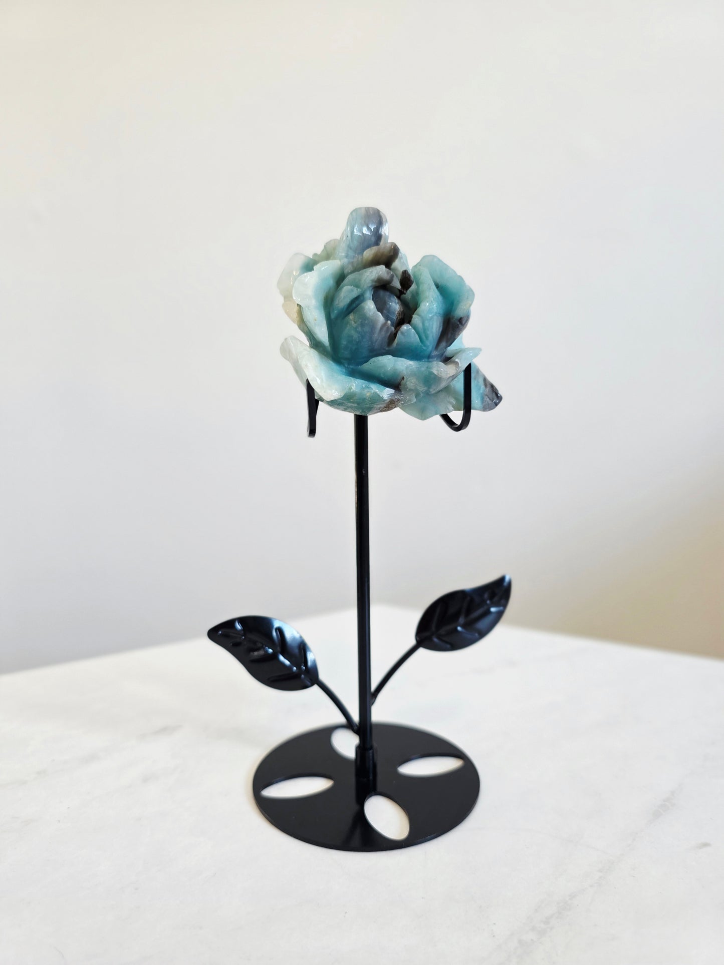 Caribbean Calcite Rose Carving on stand