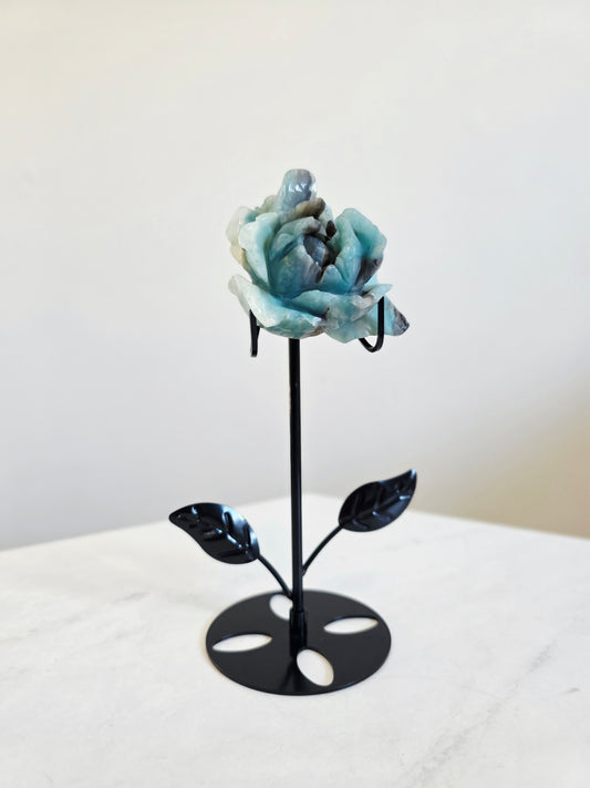 Caribbean Calcite Rose Carving on stand