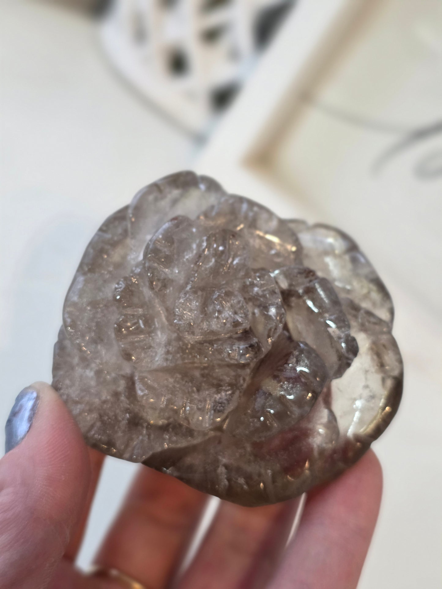 Smokey Quartz Rose Crystal Carving on Stand