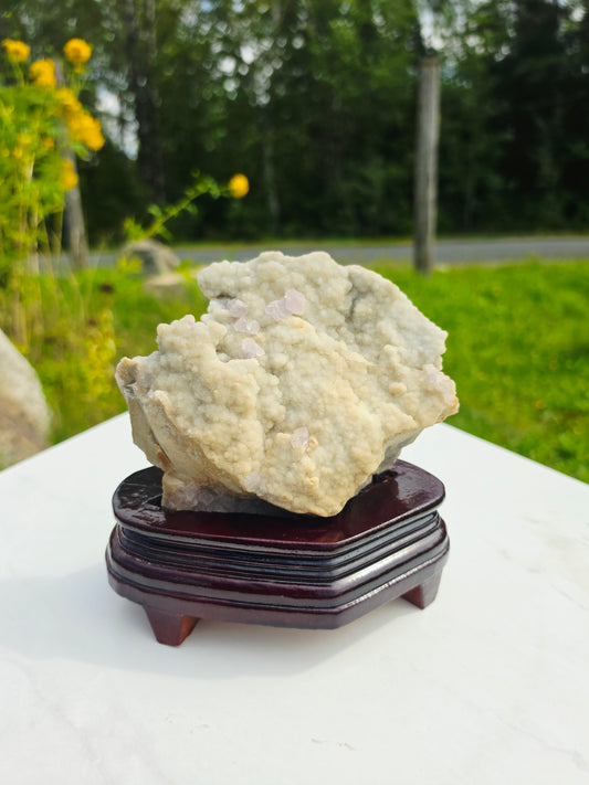 1.03kg Purple Fluorite Crystals on Drusy Quartz Matrix with Stand