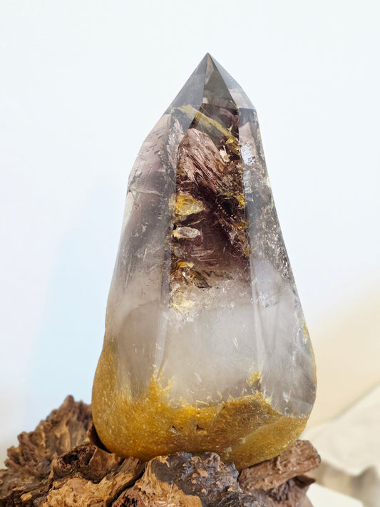 Enhydro Smokey Quartz 22lbs - Moving Bubbles - Rambo Flash on Wood Stand - Rare Collectable  Crystal