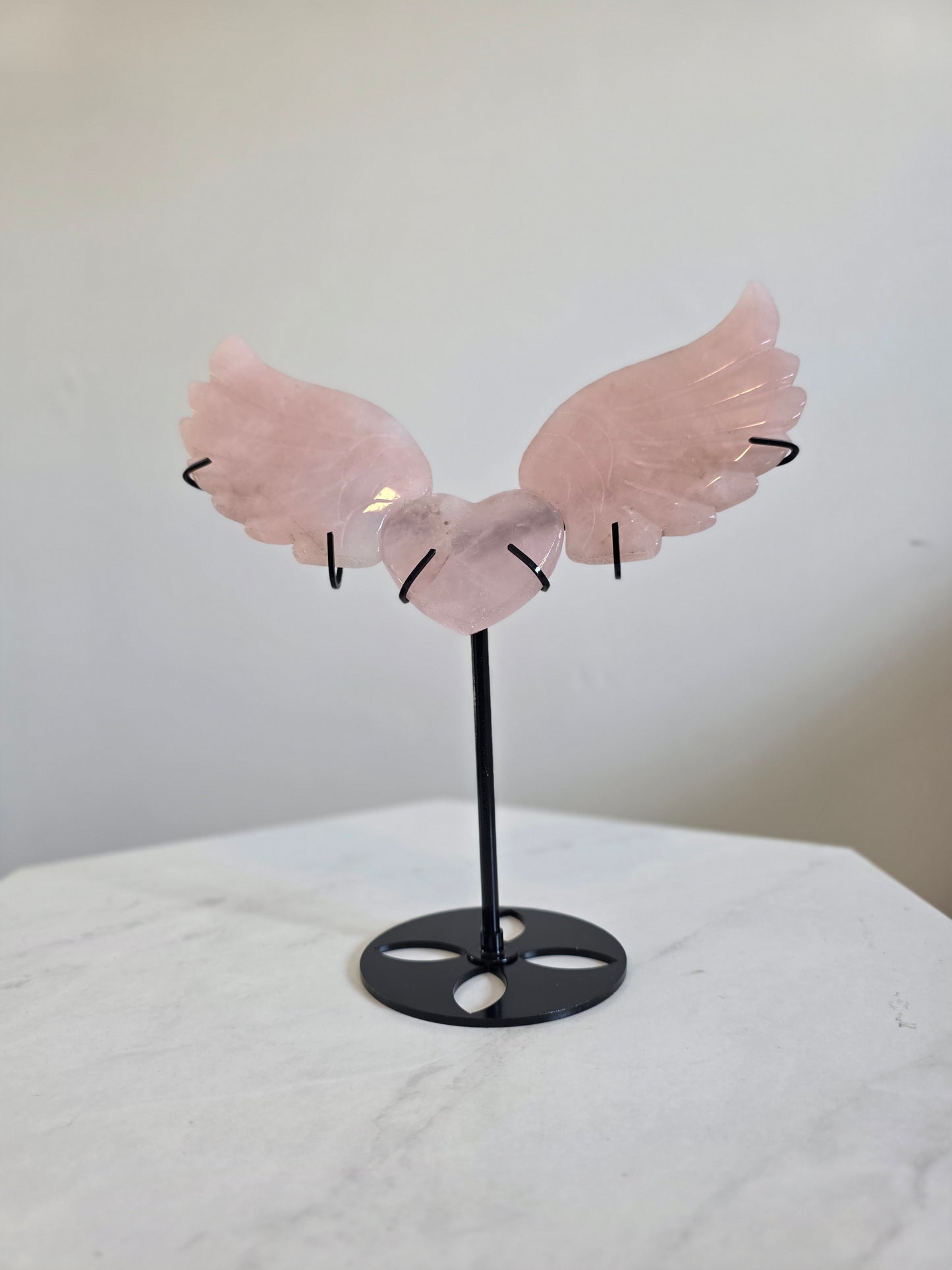Rose Quartz Heart & Wings on stand