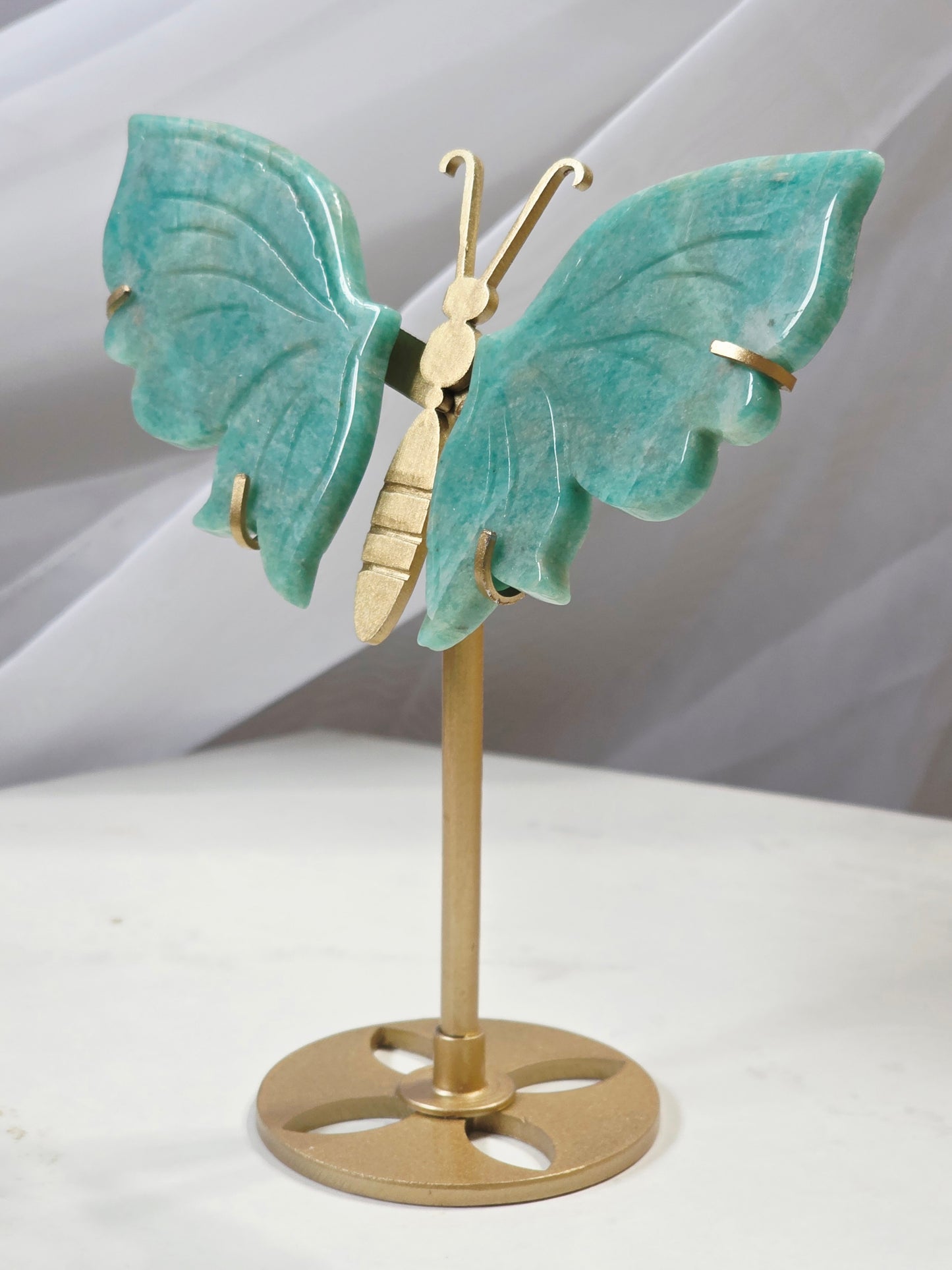 Handcrafted Amazonite Crystal Butterfly Wings on Gold Metal Stand