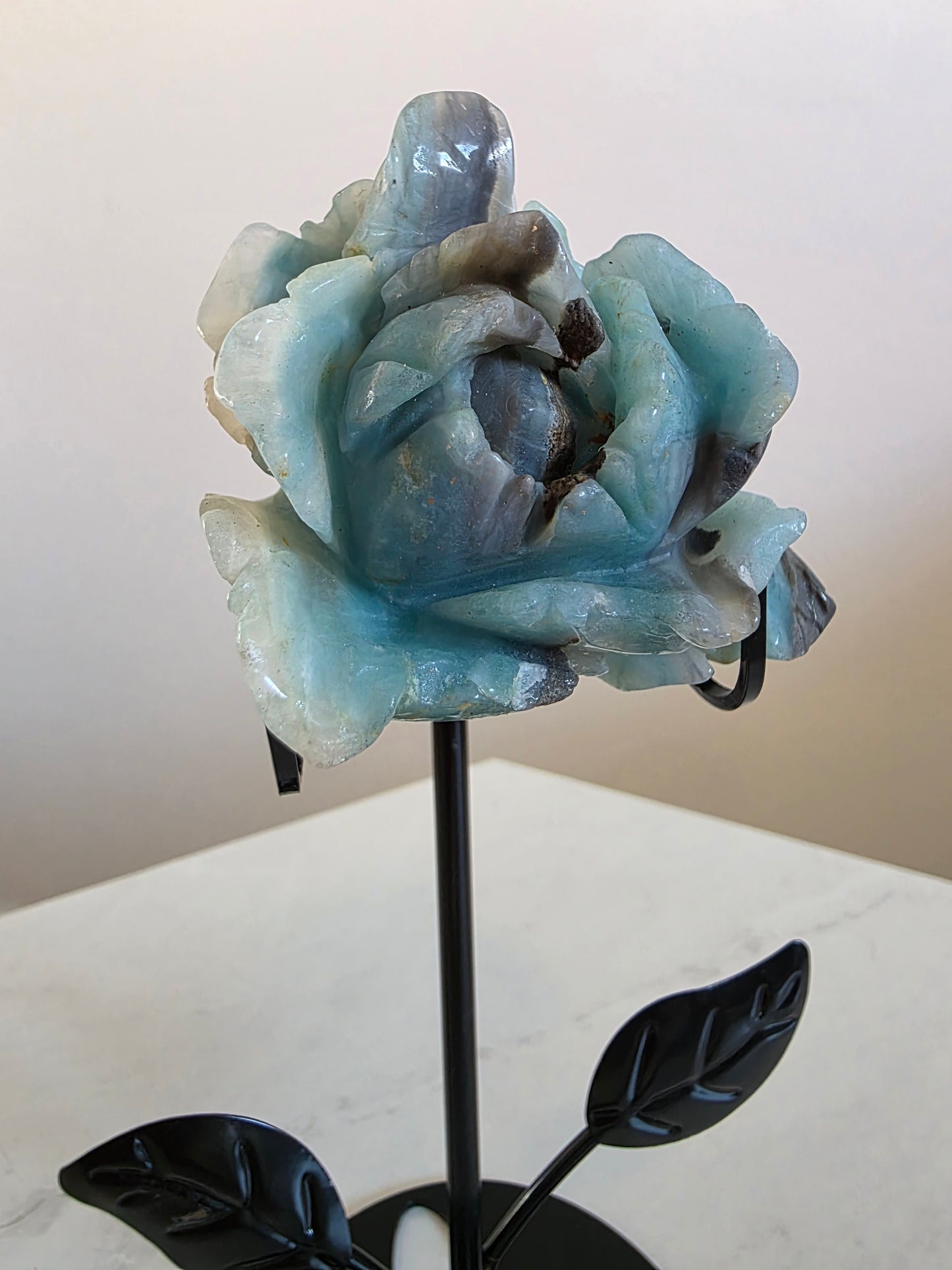 Caribbean Calcite Rose Carving on stand