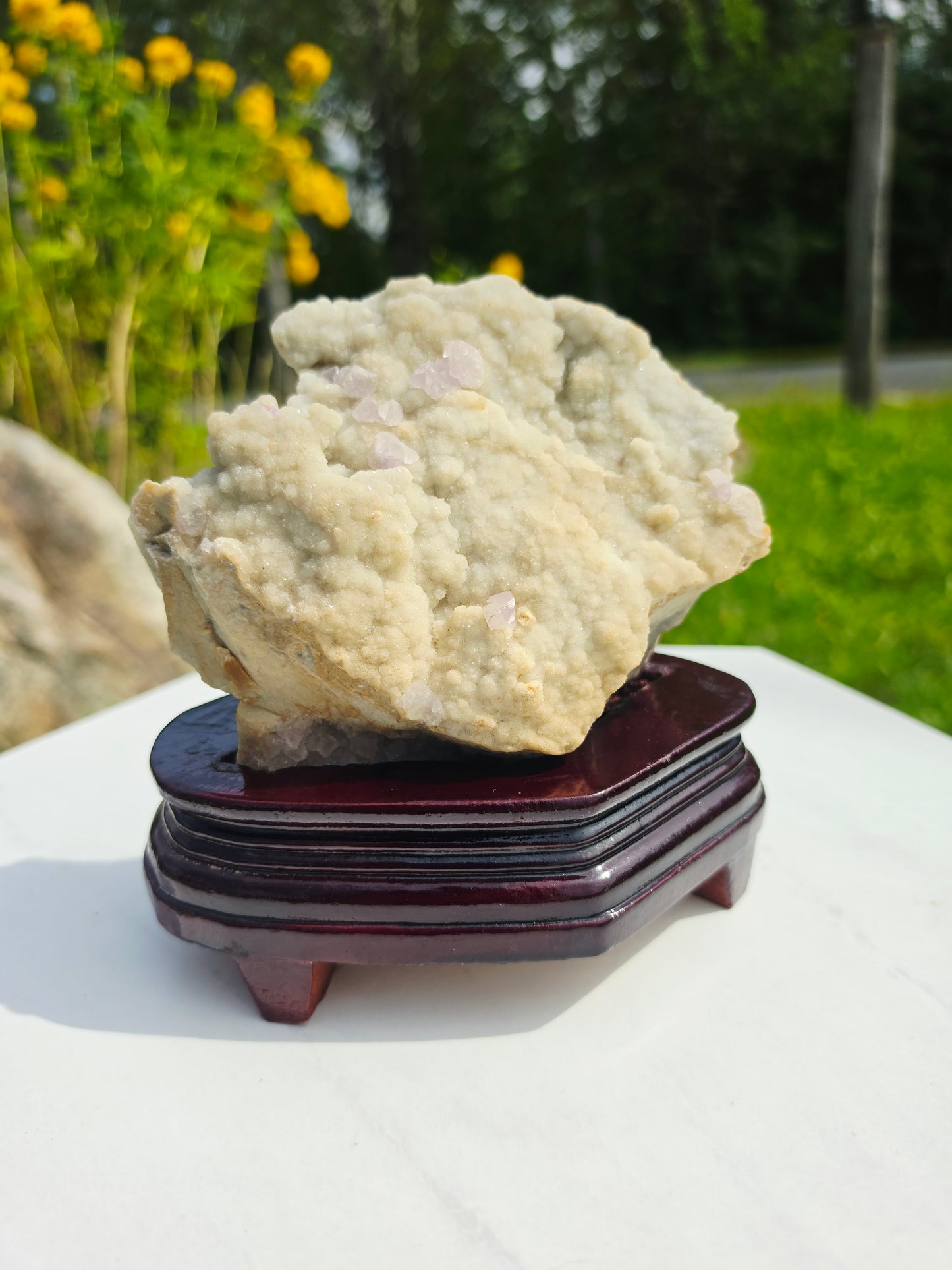 1.03kg Purple Fluorite Crystals on Drusy Quartz Matrix with Stand