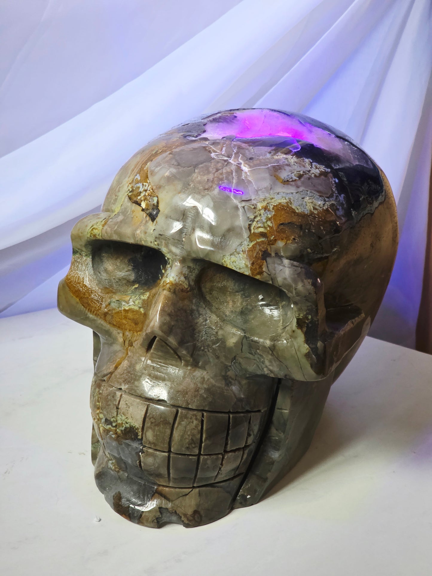 28 Pounds Skull Volcano Agate with Calcite UV Geode Hand Carved Mayan Statement Piece